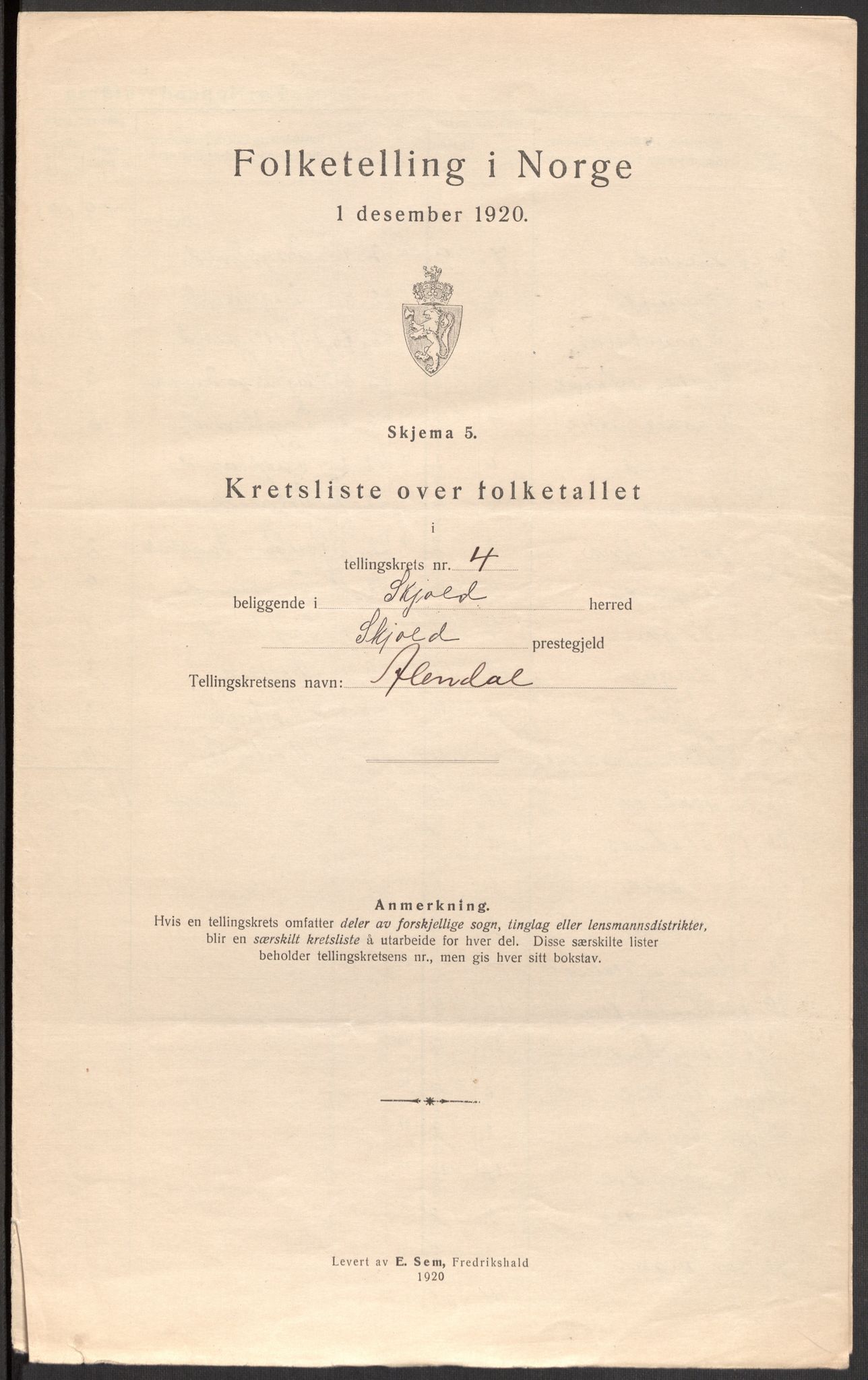 SAST, 1920 census for Skjold, 1920, p. 16