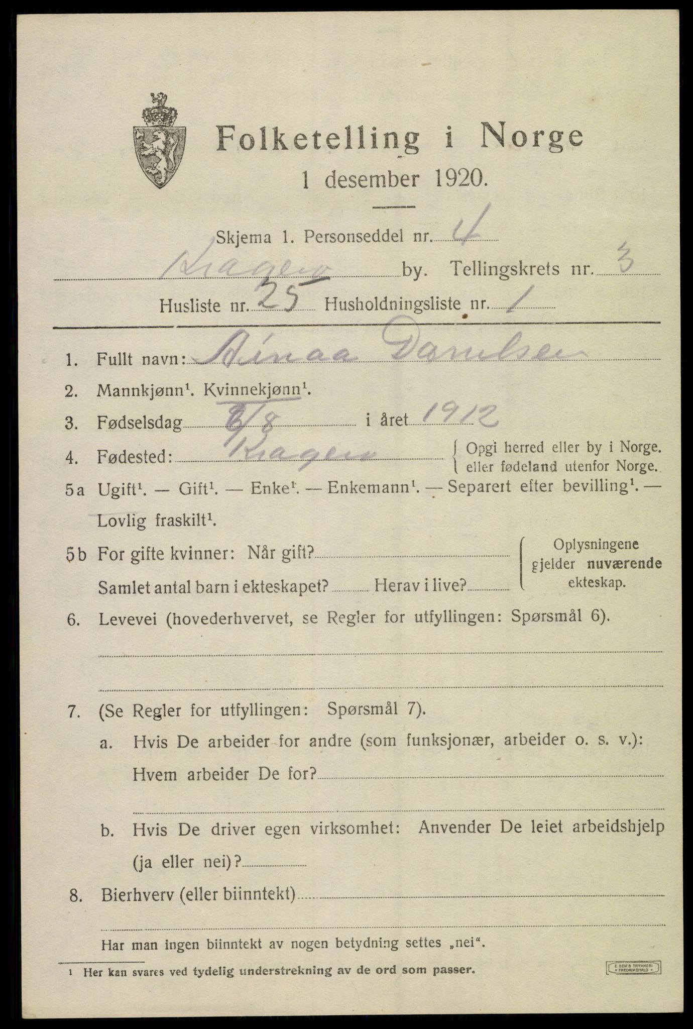 SAKO, 1920 census for Kragerø, 1920, p. 7333