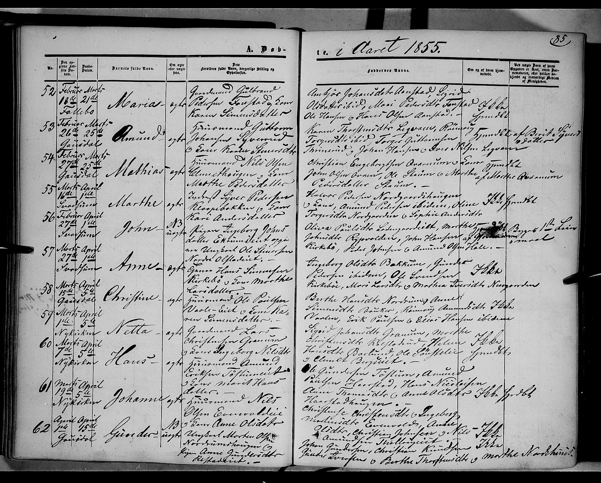 Gausdal prestekontor, SAH/PREST-090/H/Ha/Haa/L0008: Parish register (official) no. 8, 1850-1861, p. 85