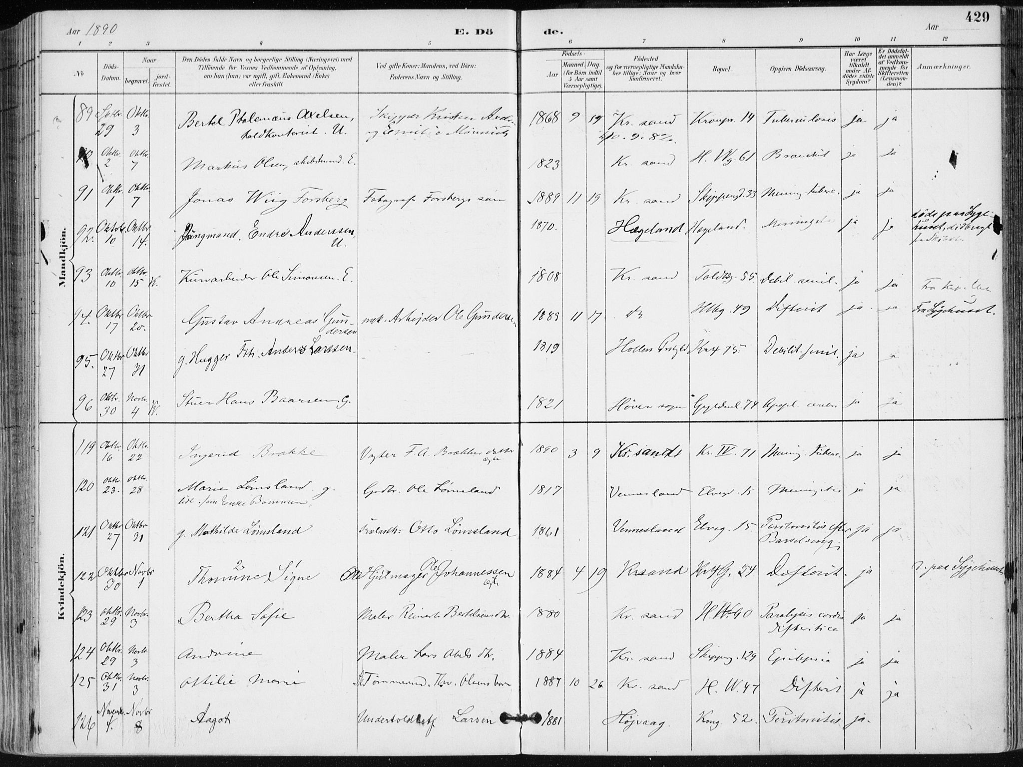 Kristiansand domprosti, AV/SAK-1112-0006/F/Fa/L0019: Parish register (official) no. A 18, 1890-1897, p. 429