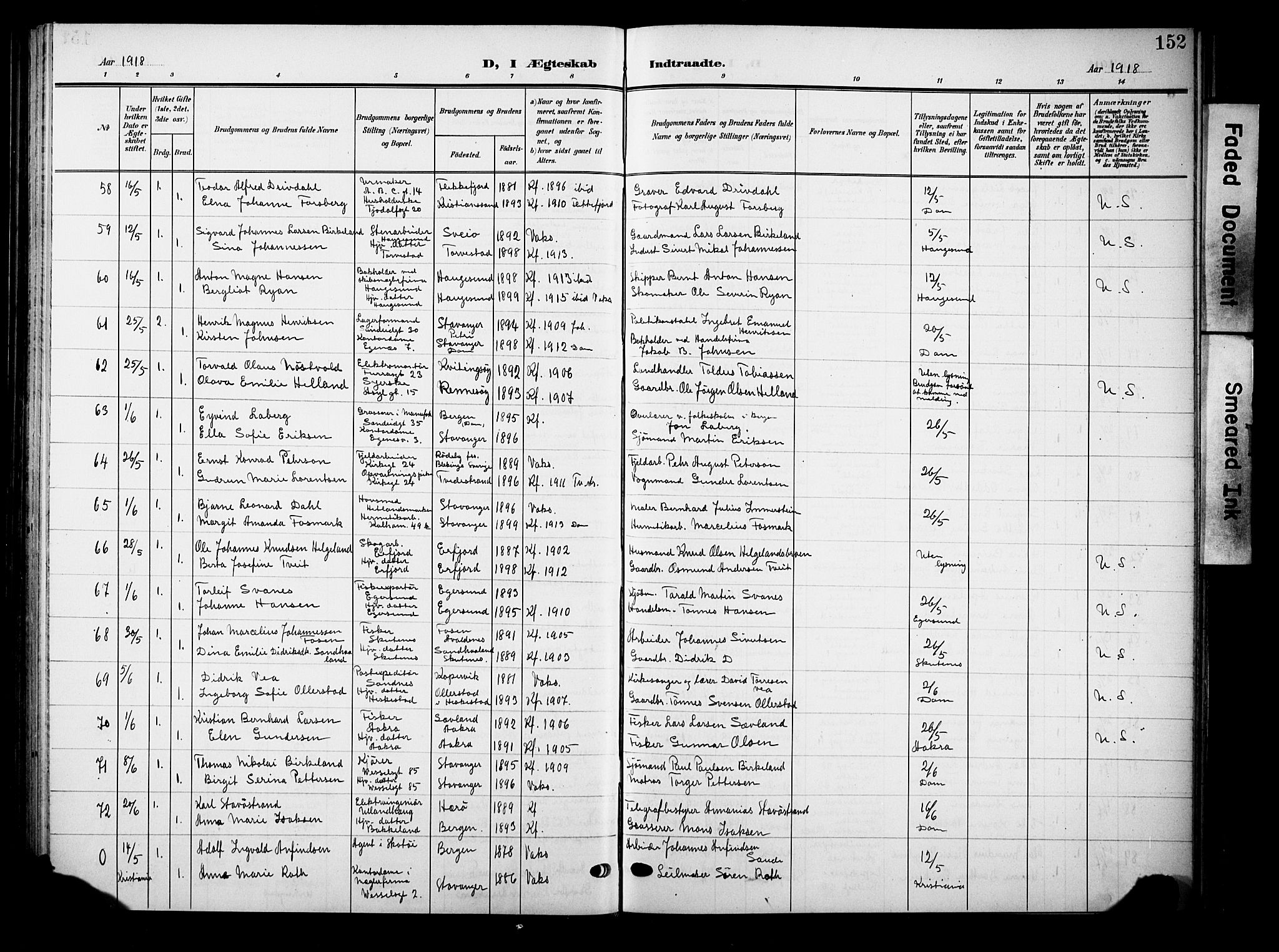 Domkirken sokneprestkontor, AV/SAST-A-101812/001/30/30BB/L0017: Parish register (copy) no. B 17, 1902-1921, p. 152