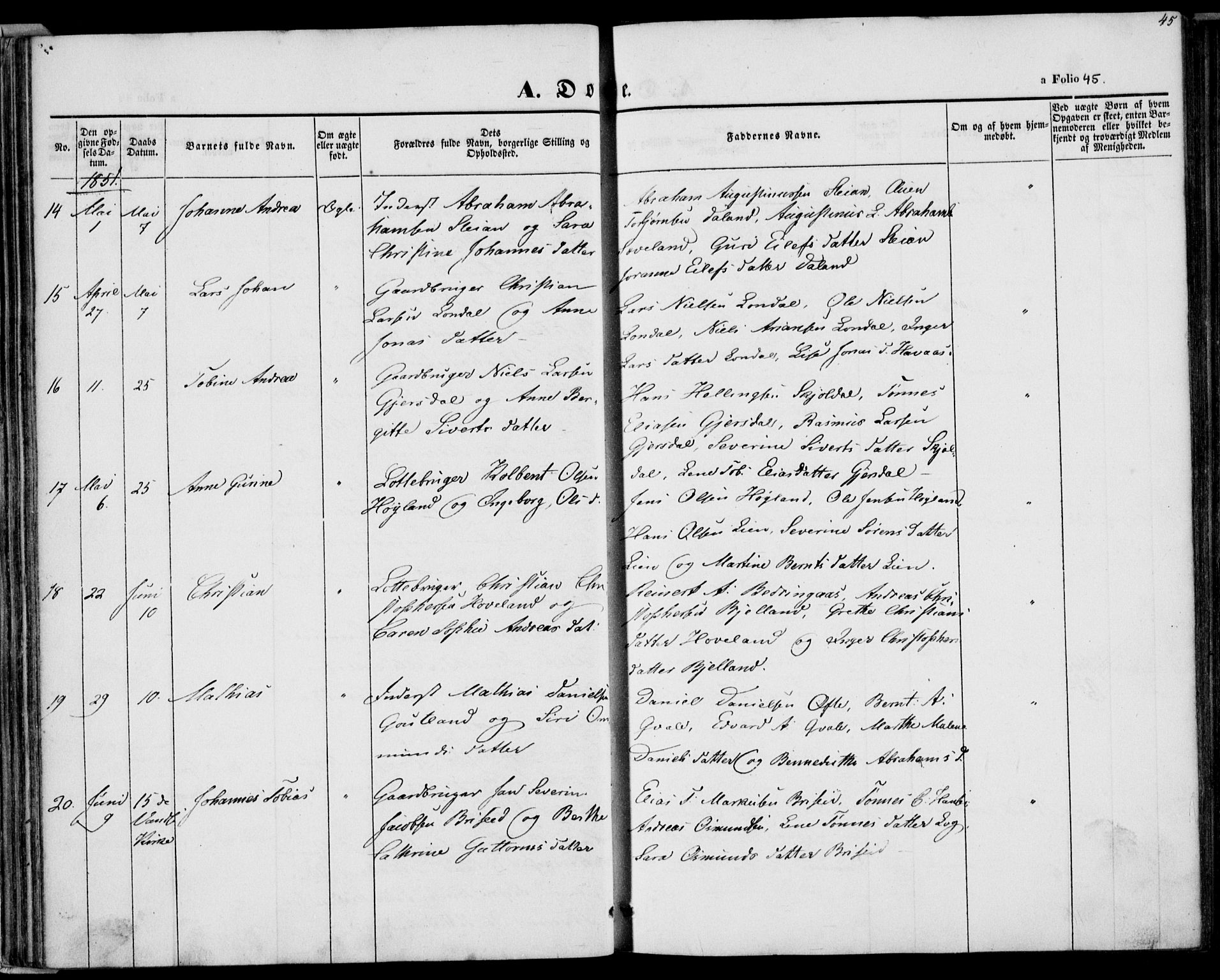 Herad sokneprestkontor, AV/SAK-1111-0018/F/Fa/Faa/L0004: Parish register (official) no. A 4, 1844-1853, p. 45