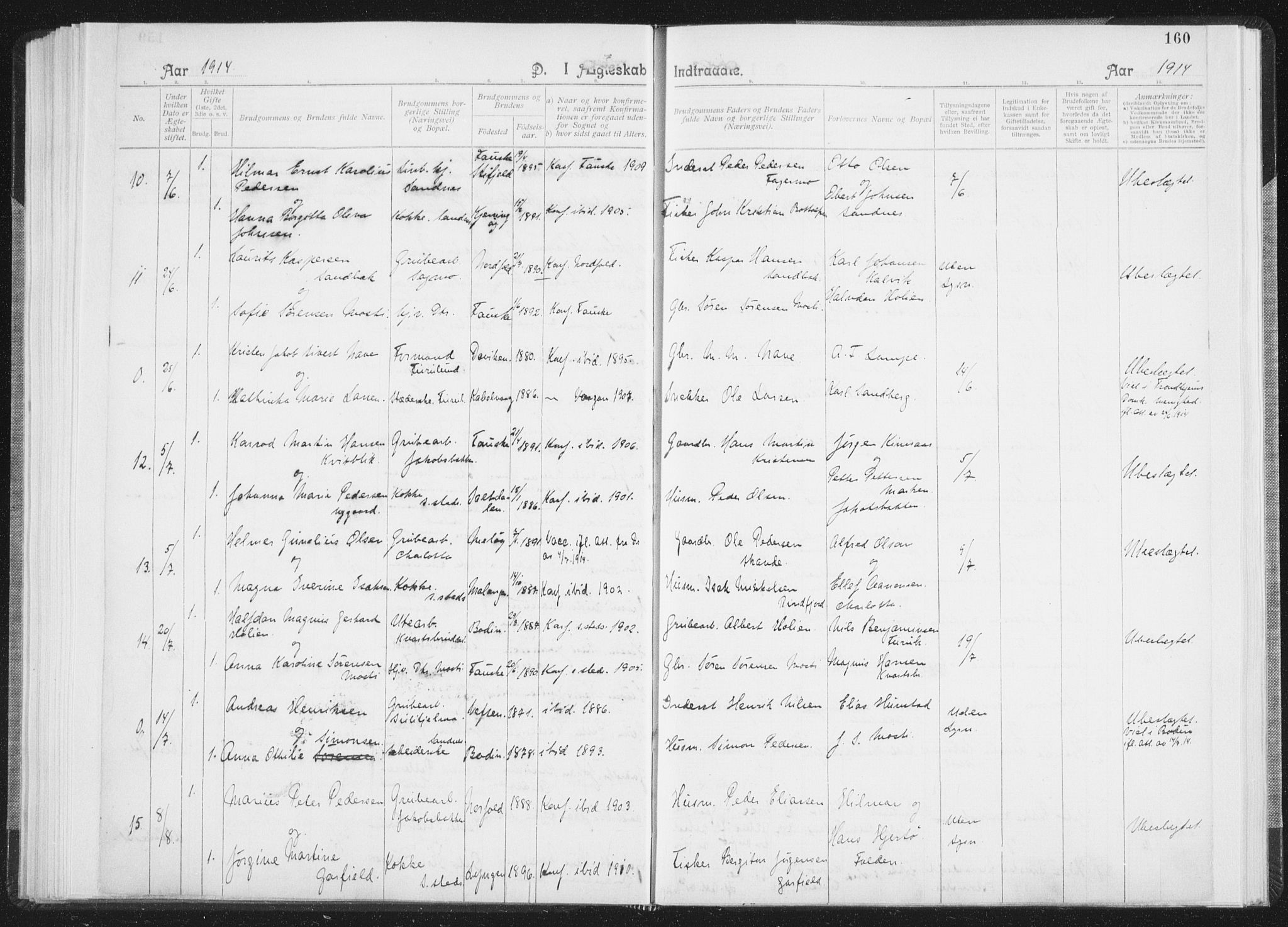 Ministerialprotokoller, klokkerbøker og fødselsregistre - Nordland, SAT/A-1459/850/L0711: Curate's parish register no. 850B01, 1902-1915, p. 160
