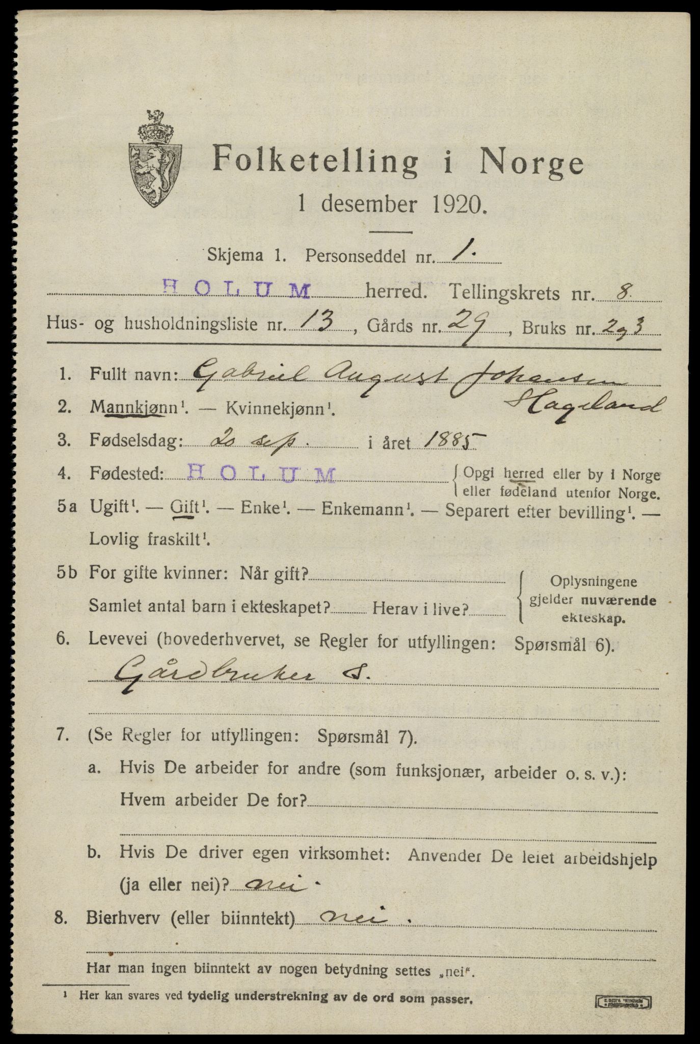 SAK, 1920 census for Holum, 1920, p. 2613