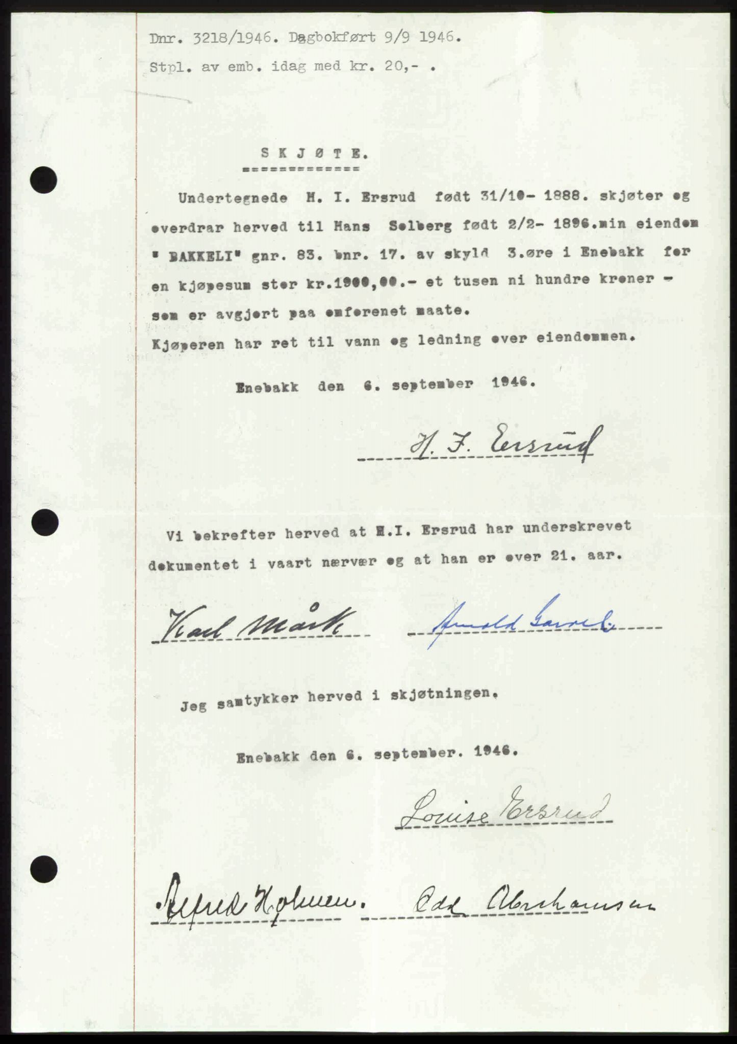 Nedre Romerike sorenskriveri, AV/SAO-A-10469/G/Gb/Gbd/L0017: Mortgage book no. 17, 1946-1946, Diary no: : 3218/1946