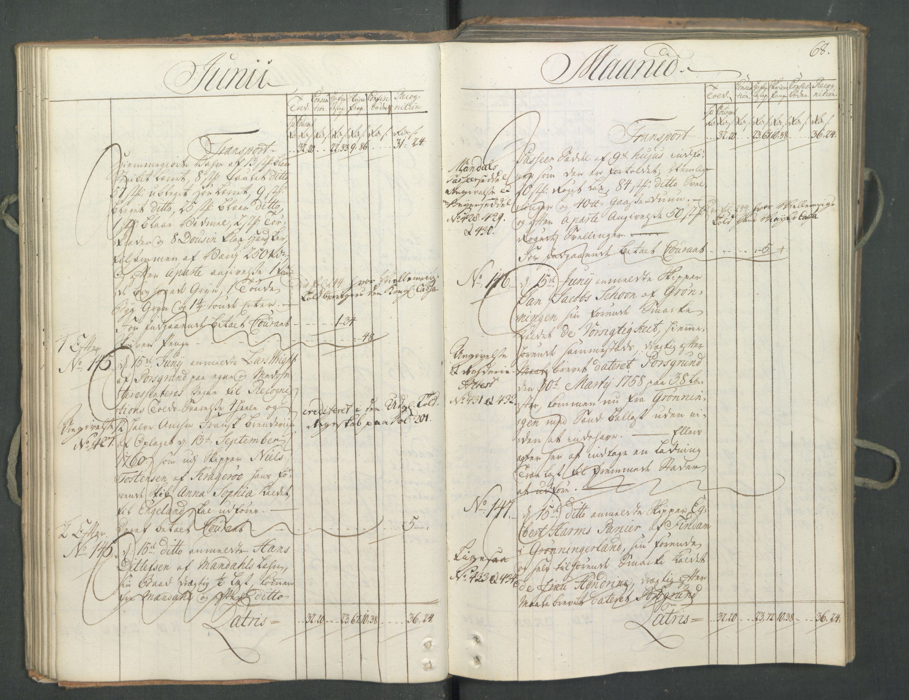 Generaltollkammeret, tollregnskaper, RA/EA-5490/R12/L0046/0001: Tollregnskaper Langesund / Inngående hovedtollbok, 1762, p. 67b-68a