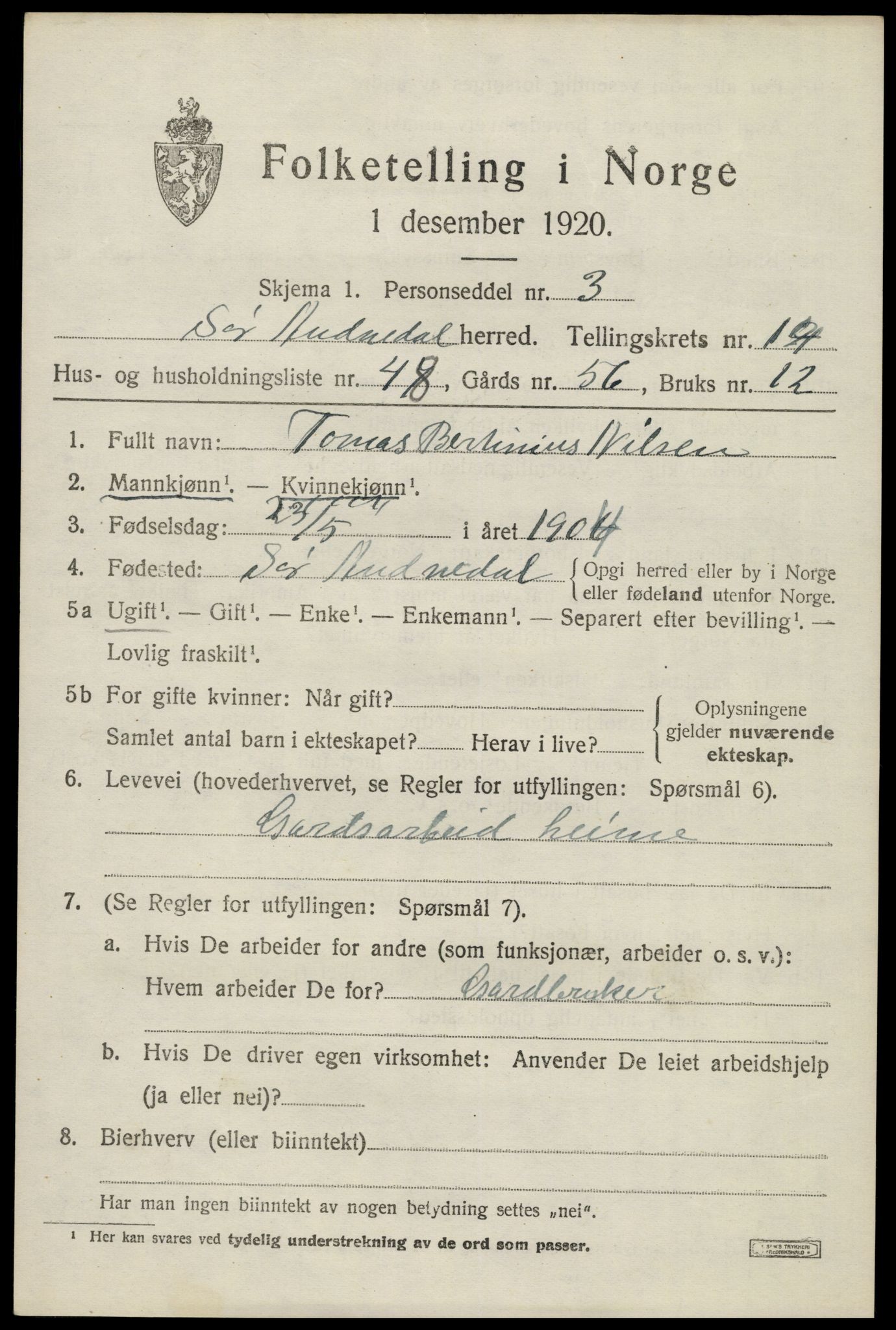 SAK, 1920 census for Sør-Audnedal, 1920, p. 5621