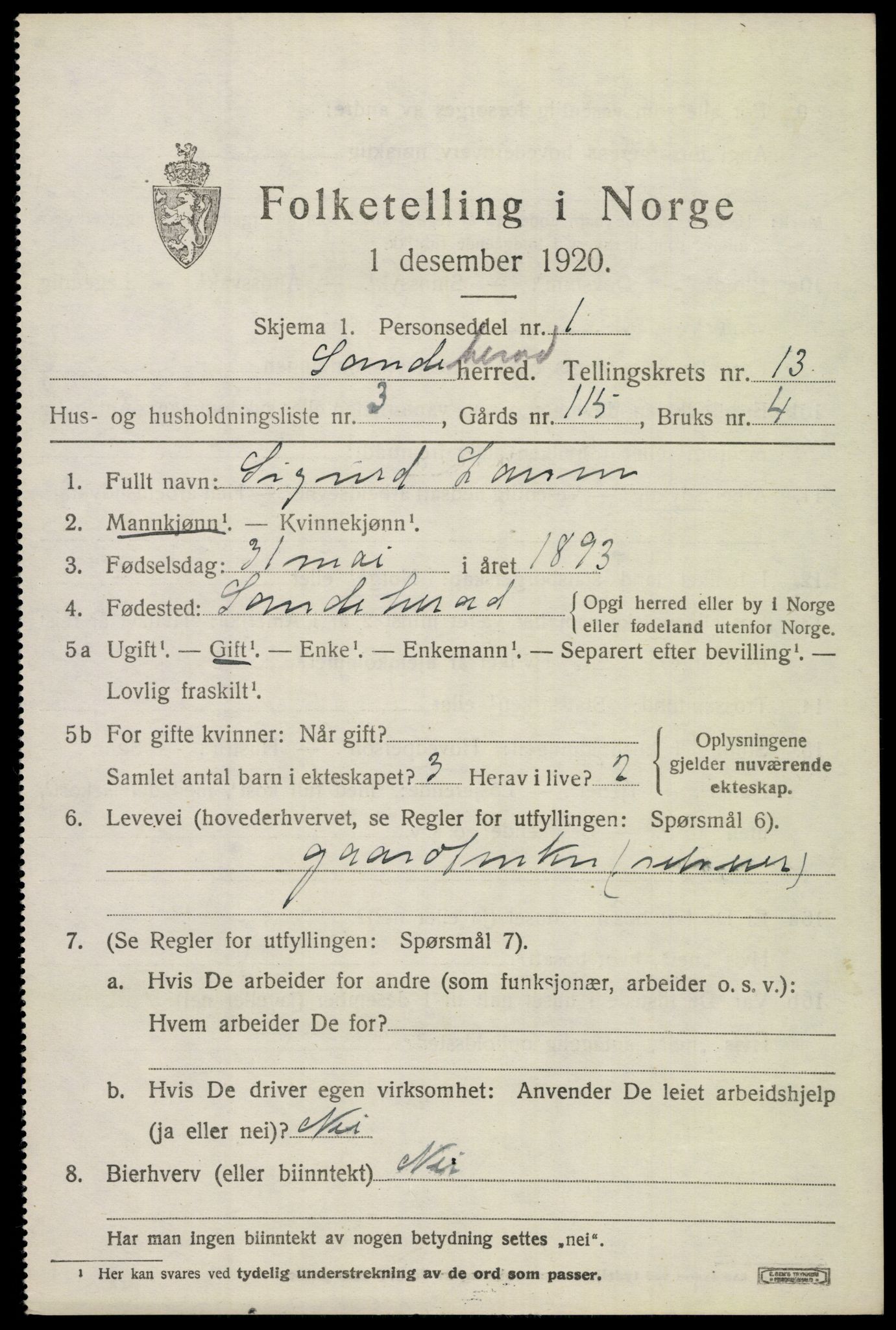 SAKO, 1920 census for Sandeherred, 1920, p. 19130