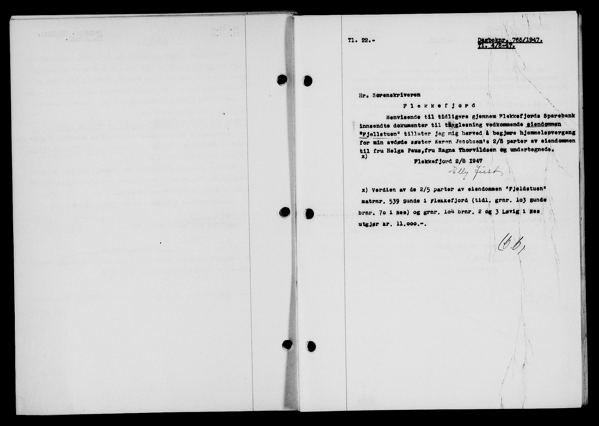 Flekkefjord sorenskriveri, SAK/1221-0001/G/Gb/Gba/L0062: Mortgage book no. A-10, 1947-1947, Diary no: : 765/1947