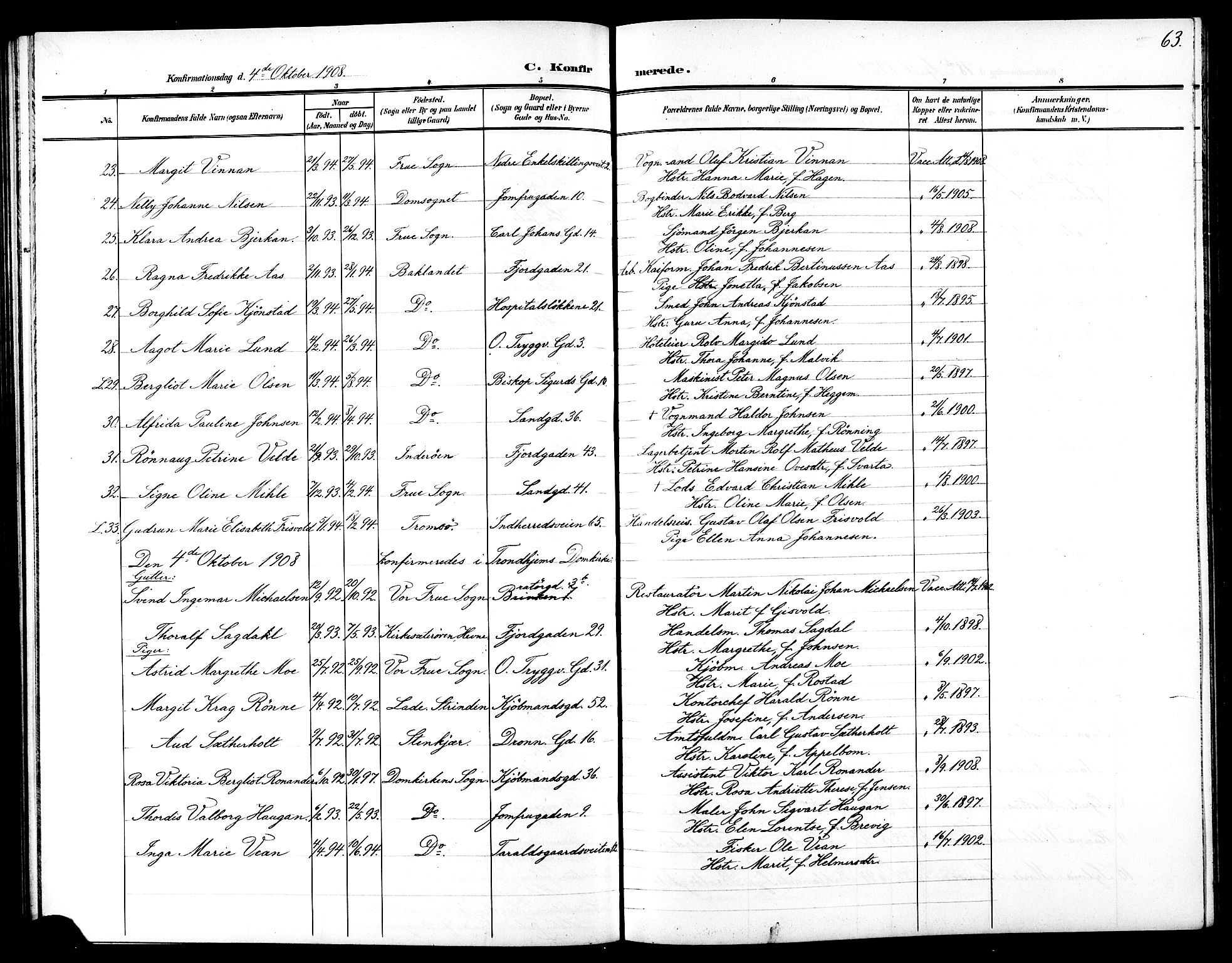 Ministerialprotokoller, klokkerbøker og fødselsregistre - Sør-Trøndelag, SAT/A-1456/602/L0146: Parish register (copy) no. 602C14, 1904-1914, p. 63