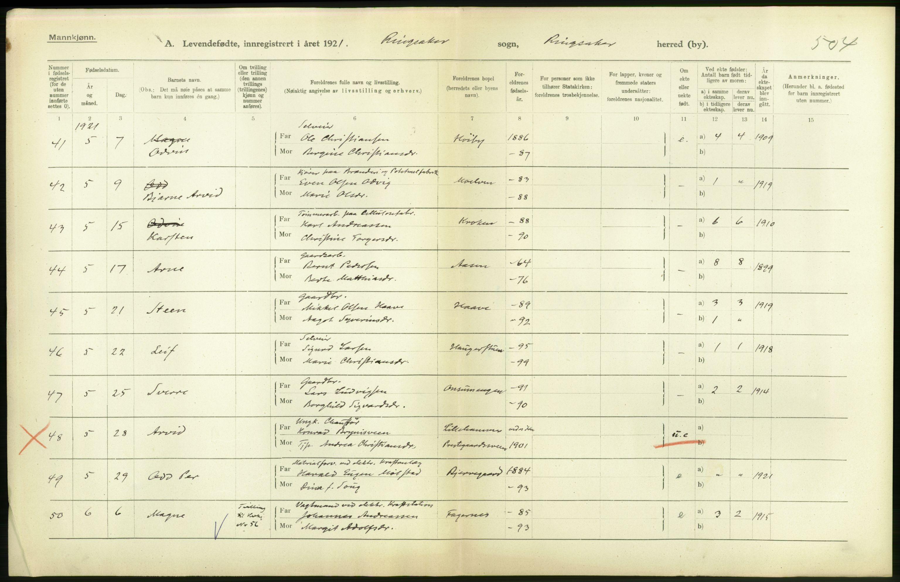 Statistisk sentralbyrå, Sosiodemografiske emner, Befolkning, RA/S-2228/D/Df/Dfc/Dfca/L0014: Hedemark fylke: Levendefødte menn og kvinner. Bygder., 1921, p. 40