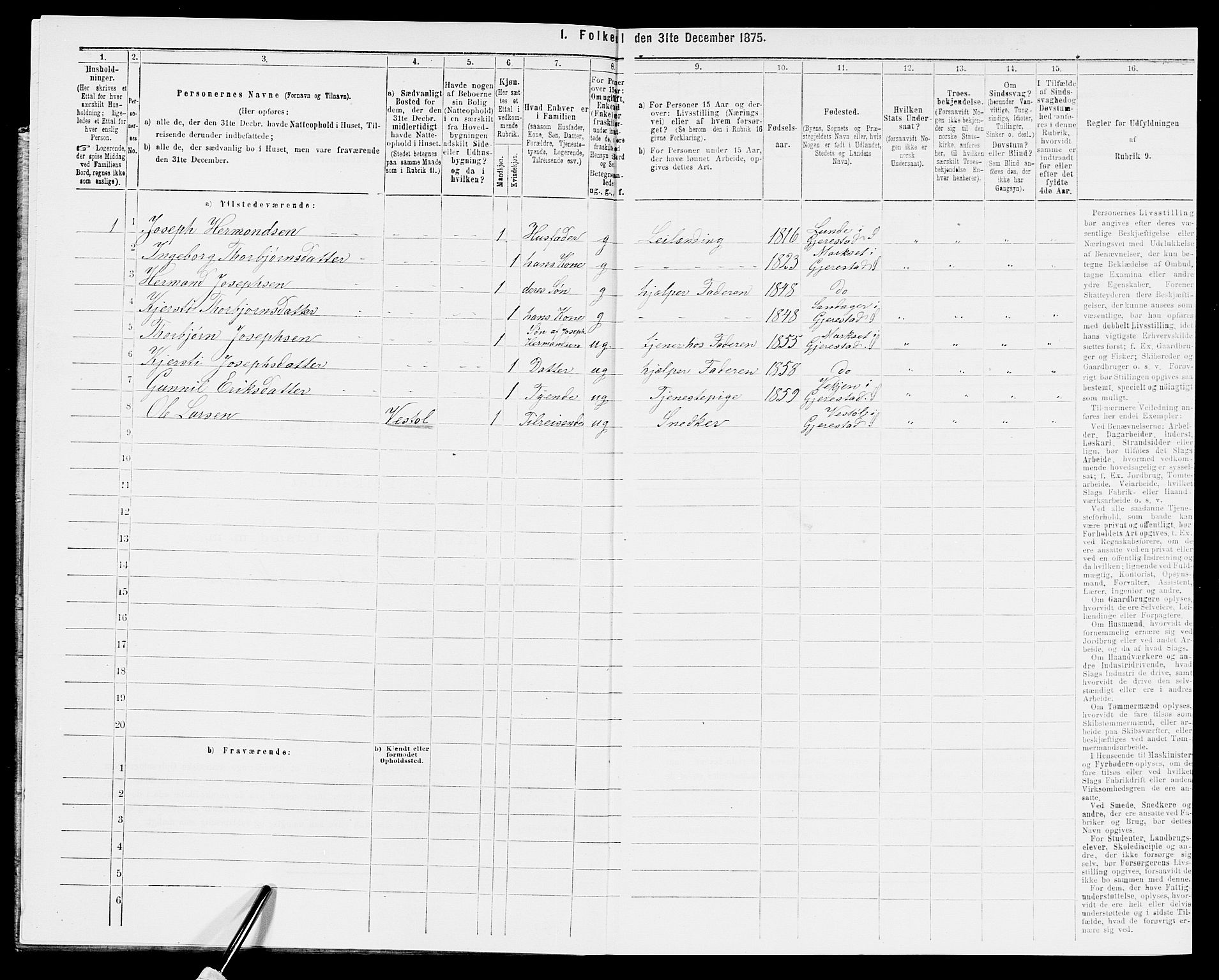 SAK, 1875 census for 0911P Gjerstad, 1875, p. 595