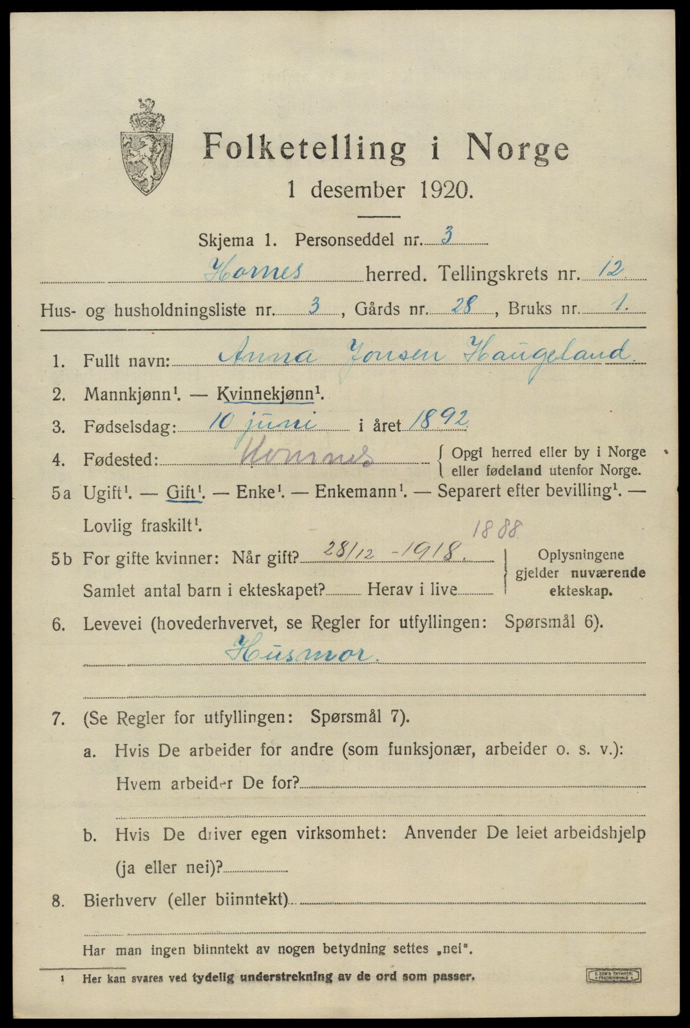 SAK, 1920 census for Hornnes, 1920, p. 2901