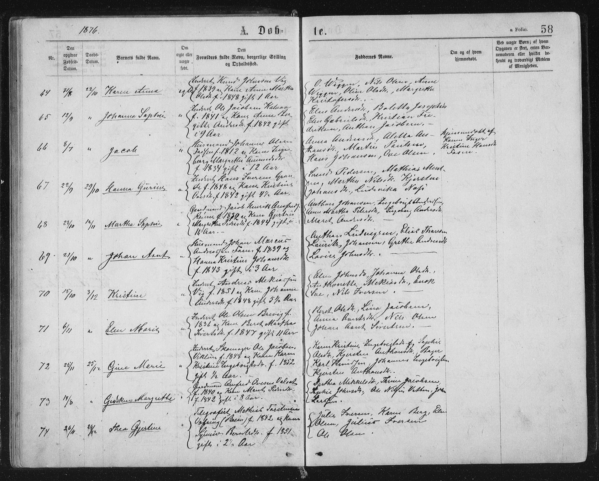 Ministerialprotokoller, klokkerbøker og fødselsregistre - Sør-Trøndelag, SAT/A-1456/659/L0745: Parish register (copy) no. 659C02, 1869-1892, p. 58