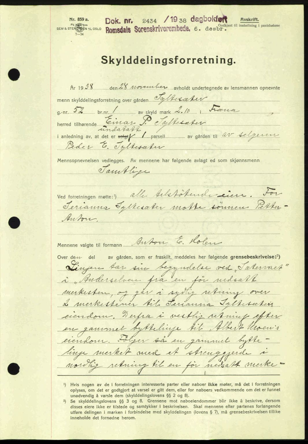 Romsdal sorenskriveri, AV/SAT-A-4149/1/2/2C: Mortgage book no. A6, 1938-1939, Diary no: : 2434/1938