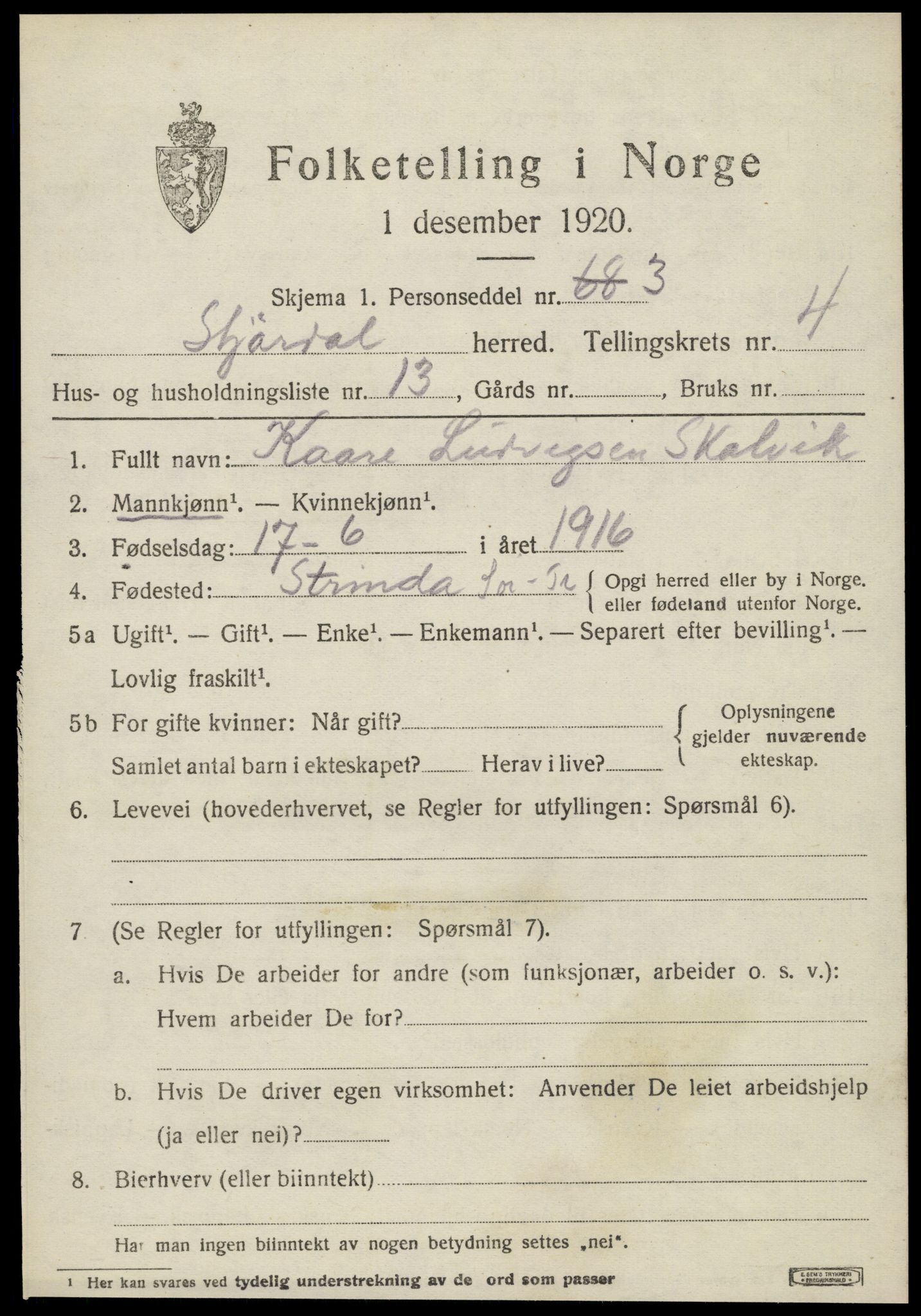 SAT, 1920 census for Stjørdal, 1920, p. 4688