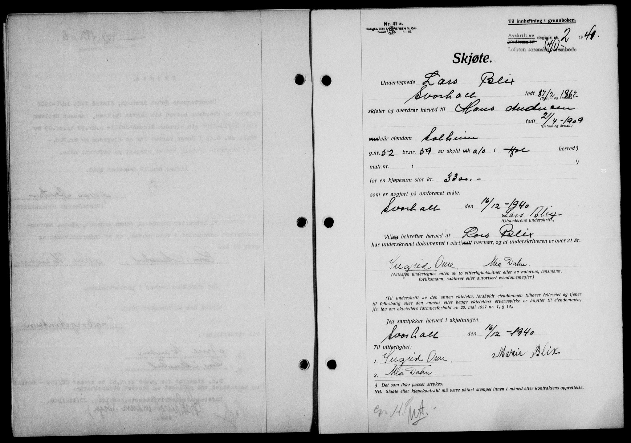 Lofoten sorenskriveri, SAT/A-0017/1/2/2C/L0008a: Mortgage book no. 8a, 1940-1941, Diary no: : 2/1941