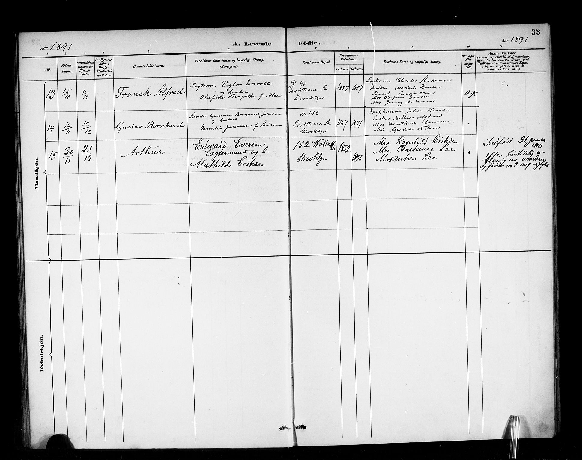 Den norske sjømannsmisjon i utlandet/New York, SAB/SAB/PA-0110/H/Ha/L0003: Parish register (official) no. A 3, 1888-1893, p. 33