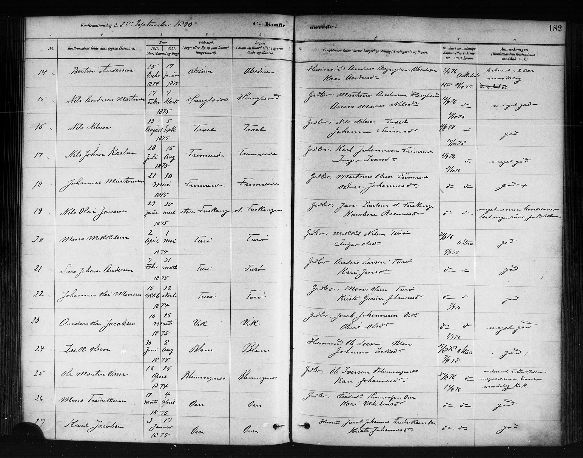 Herdla Sokneprestembete, AV/SAB-A-75701/H/Haa: Parish register (official) no. A 3, 1878-1890, p. 182
