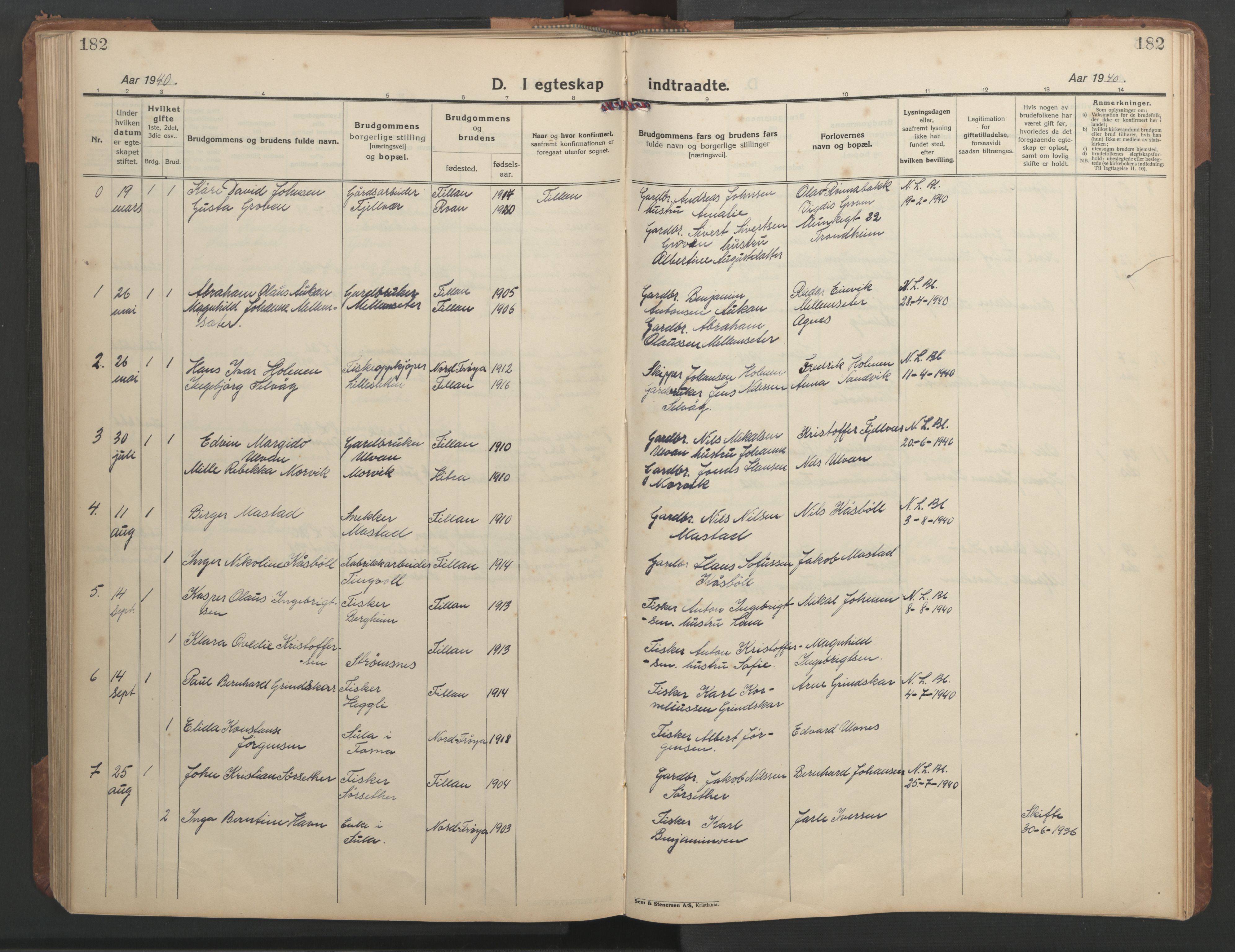 Ministerialprotokoller, klokkerbøker og fødselsregistre - Sør-Trøndelag, SAT/A-1456/638/L0569: Parish register (copy) no. 638C01, 1923-1961, p. 182