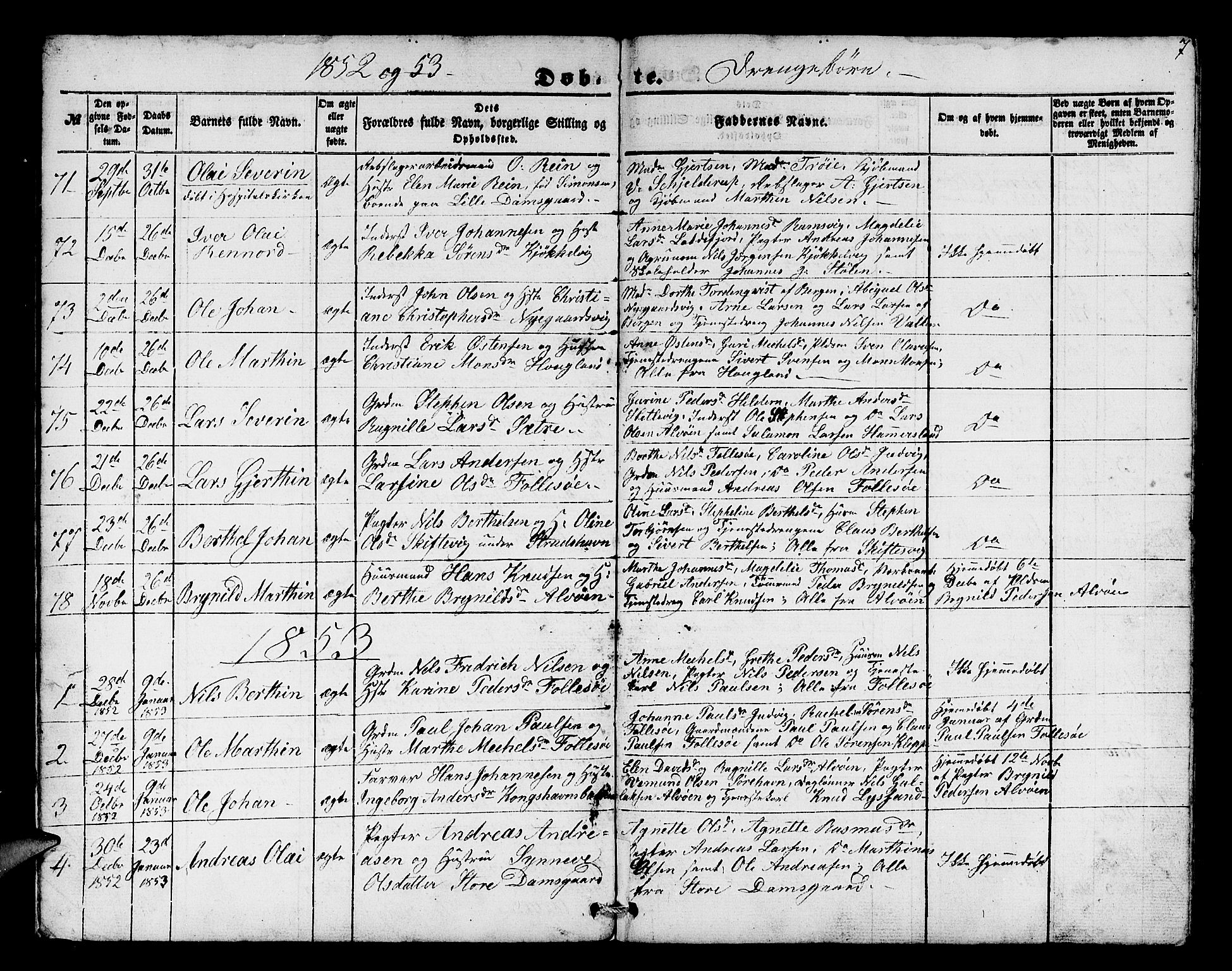 Askøy Sokneprestembete, AV/SAB-A-74101/H/Ha/Hab/Haba/L0004: Parish register (copy) no. A 4, 1852-1864, p. 7