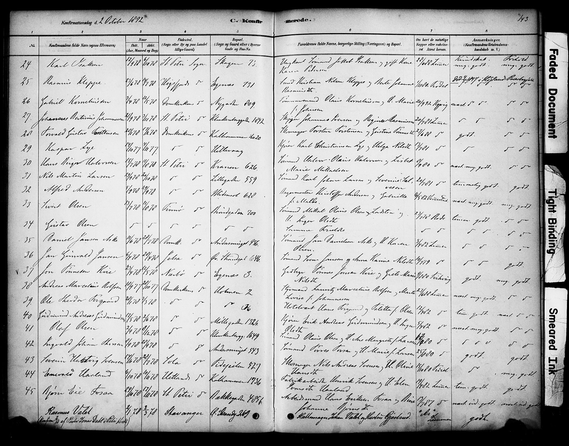 Domkirken sokneprestkontor, AV/SAST-A-101812/001/30/30BA/L0028: Parish register (official) no. A 27, 1878-1896, p. 143