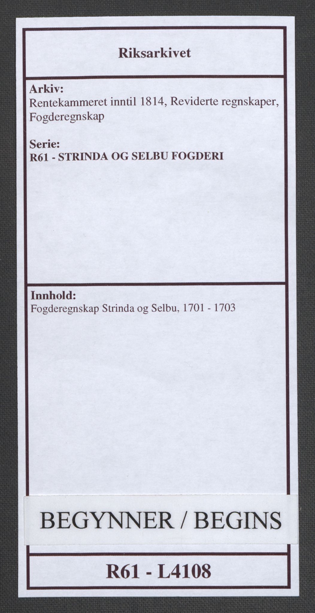 Rentekammeret inntil 1814, Reviderte regnskaper, Fogderegnskap, AV/RA-EA-4092/R61/L4108: Fogderegnskap Strinda og Selbu, 1701-1703, p. 1