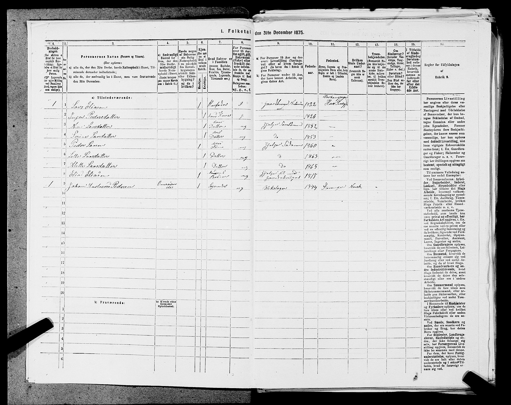 SAST, 1875 census for 1119P Hå, 1875, p. 822