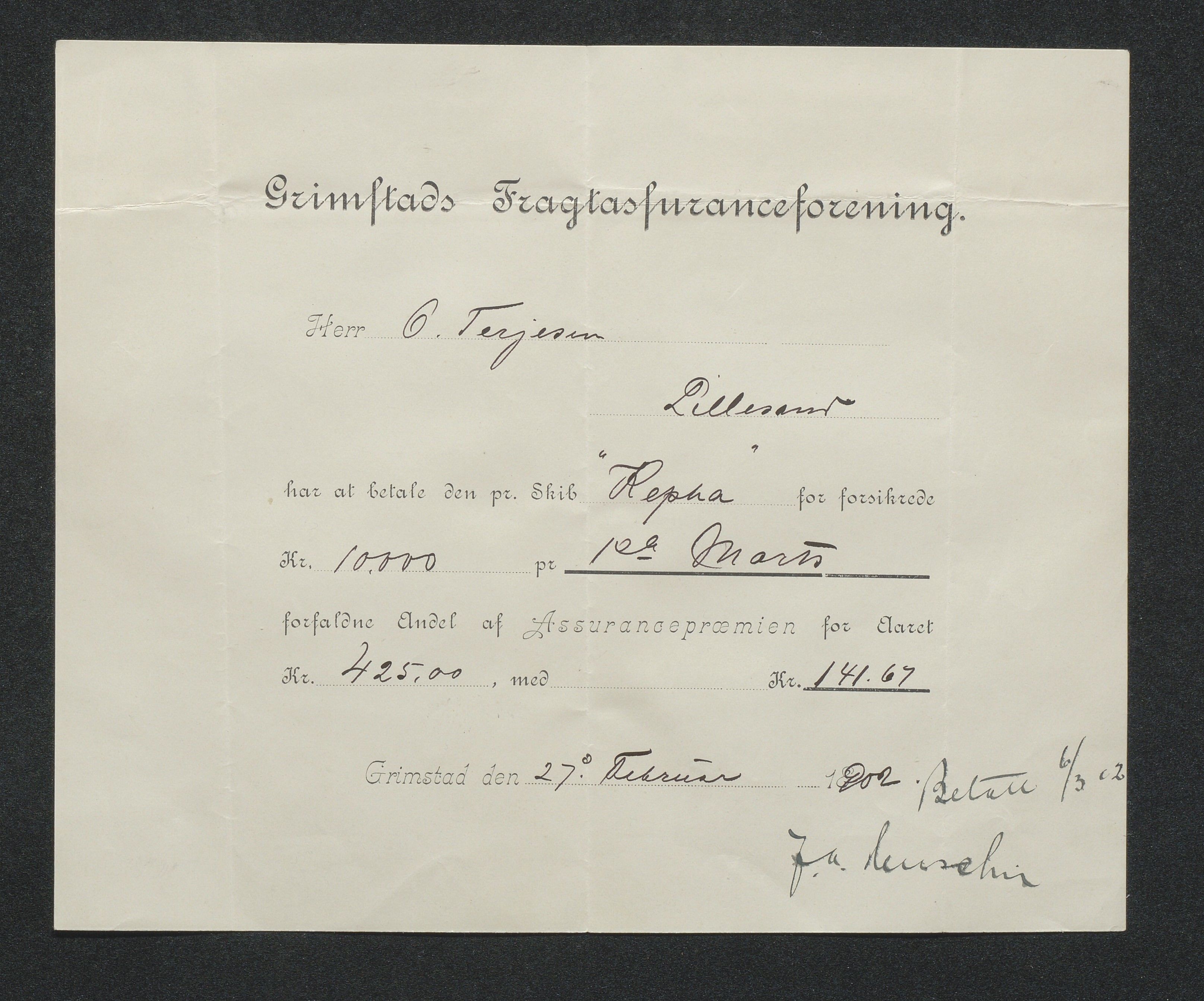 O. Terjesens rederi, AAKS/PA-2525/R/R02/L0002: Regnskapsbilag, 1899-1904