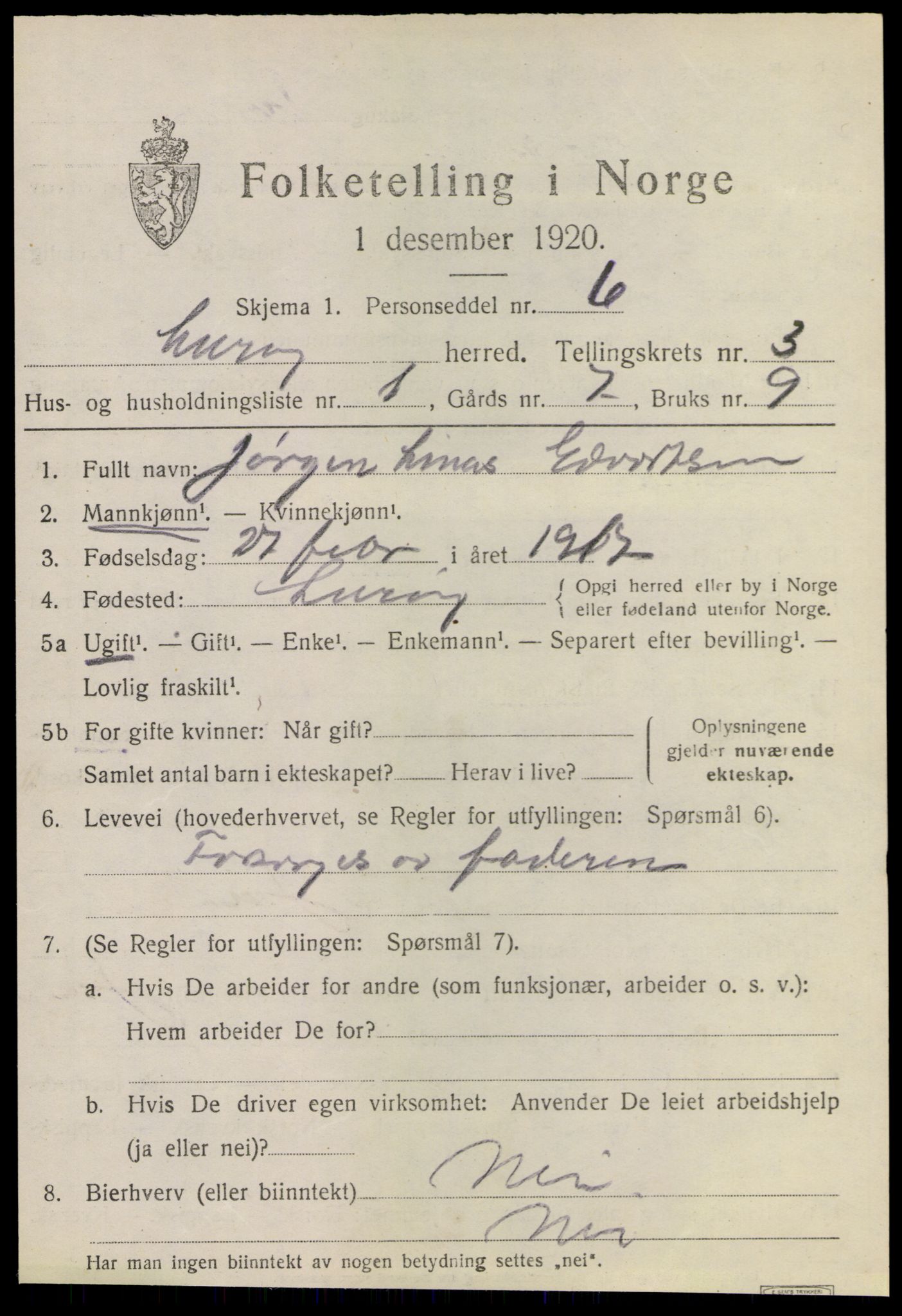 SAT, 1920 census for Lurøy, 1920, p. 1815