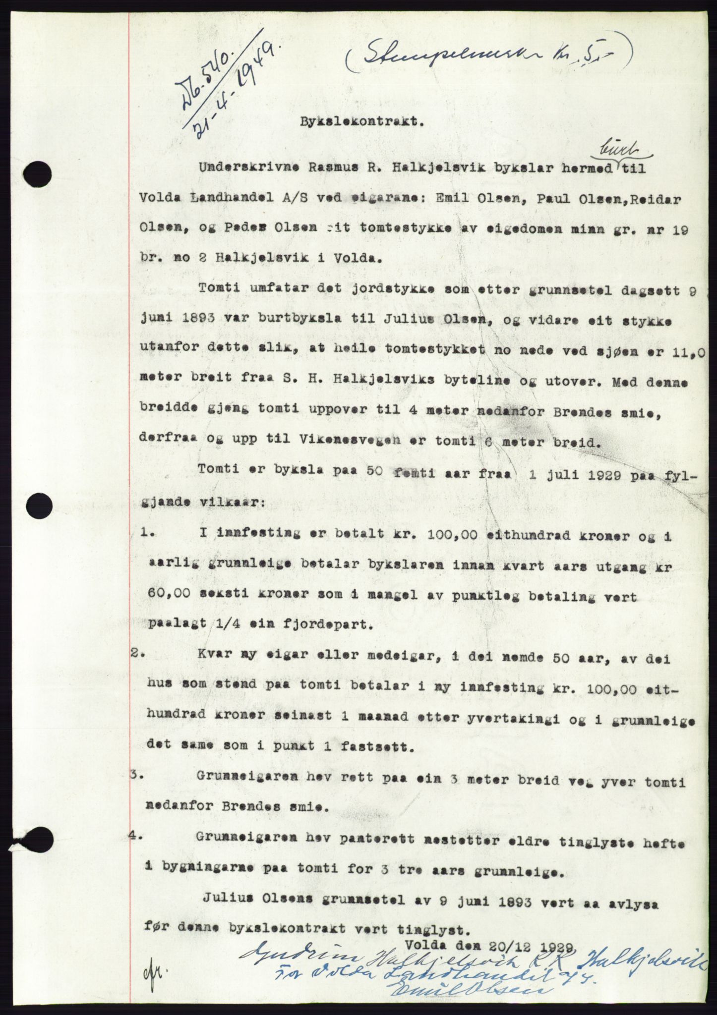 Søre Sunnmøre sorenskriveri, AV/SAT-A-4122/1/2/2C/L0084: Mortgage book no. 10A, 1949-1949, Diary no: : 540/1949