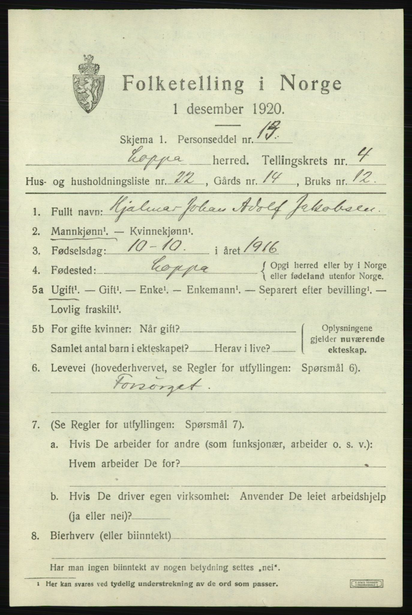 SATØ, 1920 census for Loppa, 1920, p. 1558