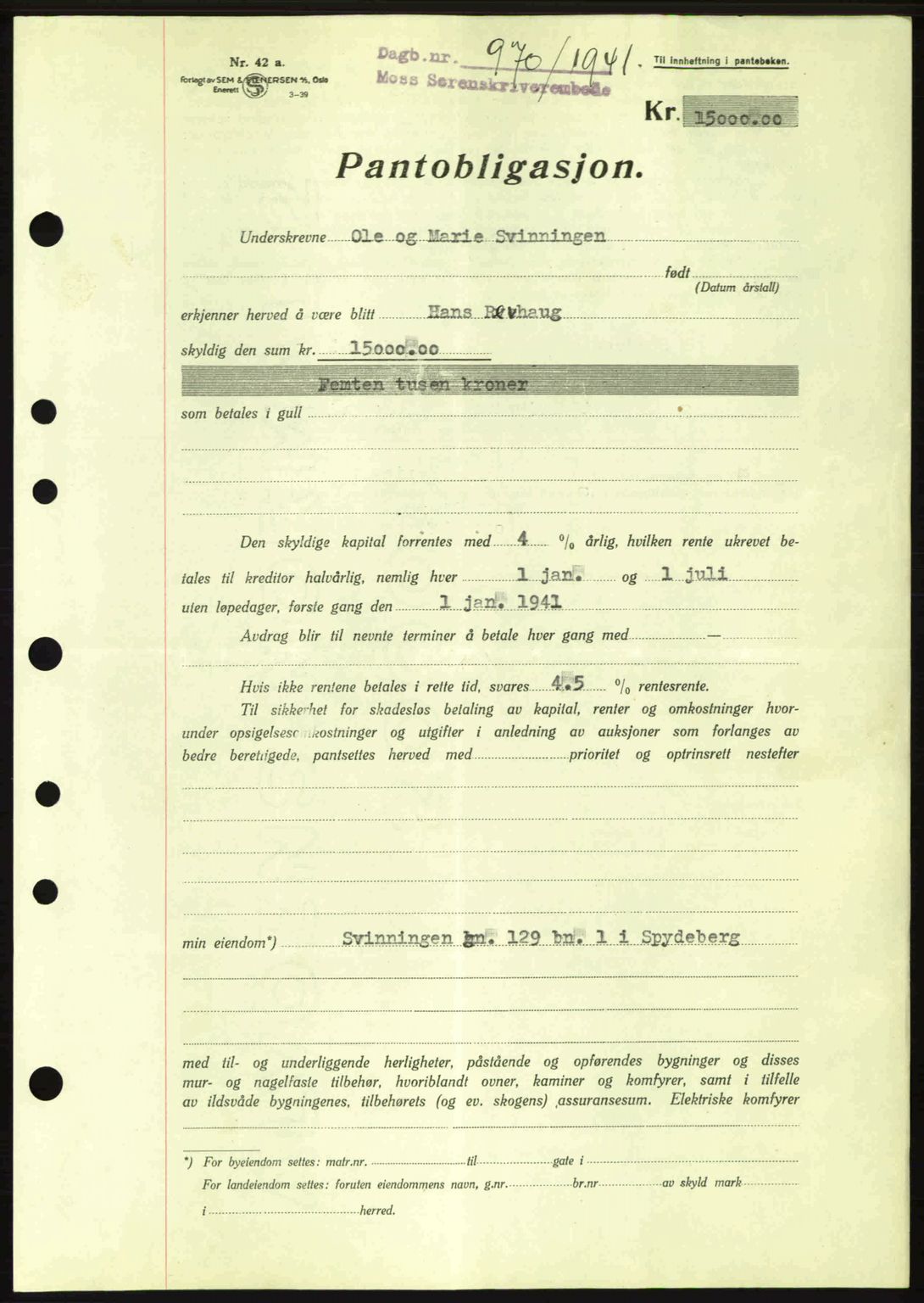 Moss sorenskriveri, SAO/A-10168: Mortgage book no. B10, 1940-1941, Diary no: : 970/1941