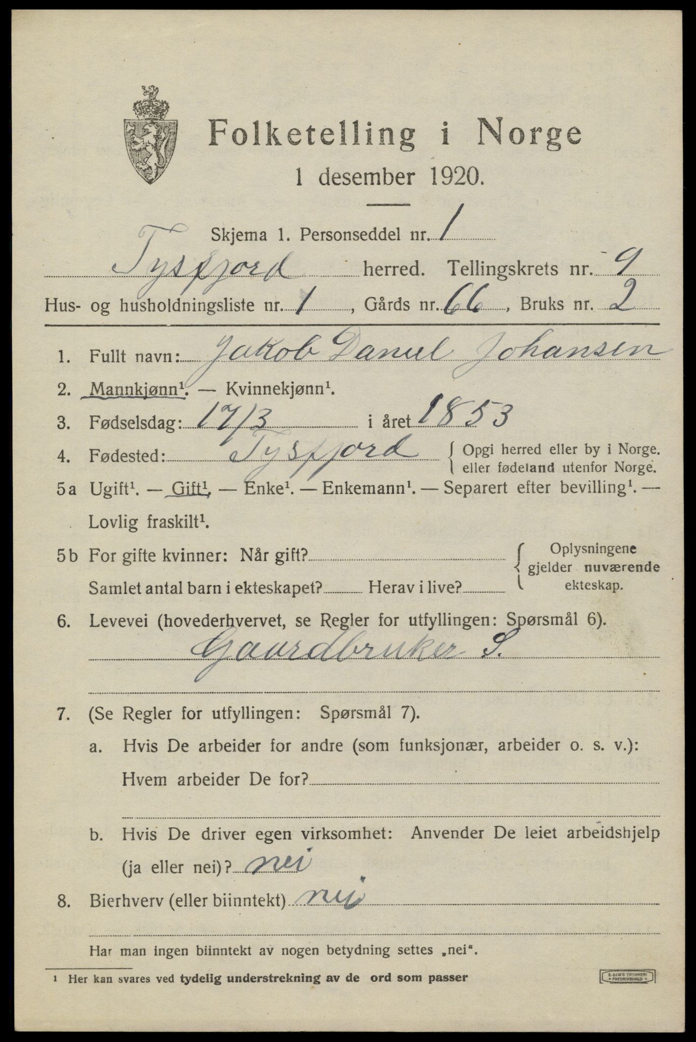 SAT, 1920 census for Tysfjord, 1920, p. 6259