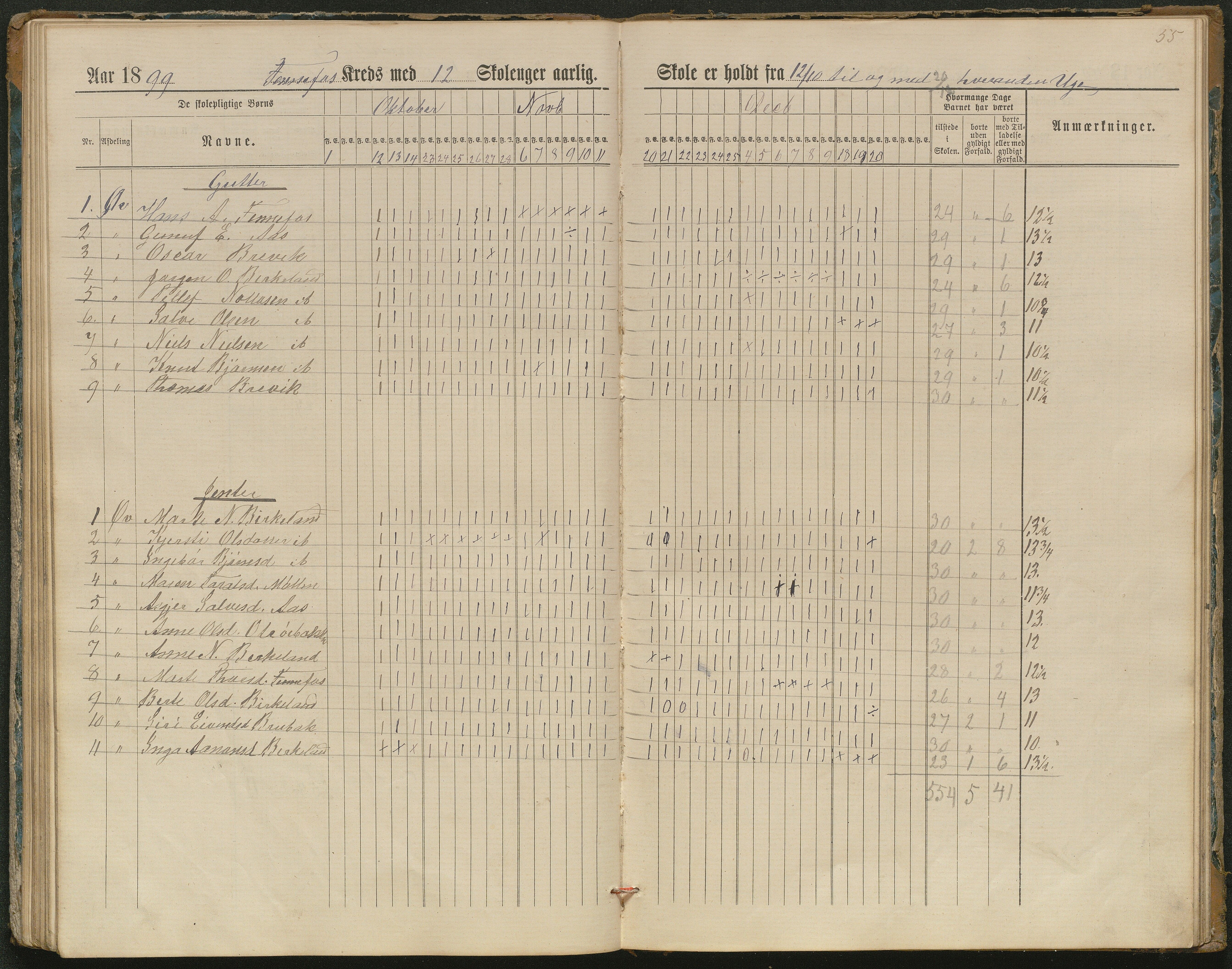 Hornnes kommune, Kjetså, Fennefoss skolekrets, AAKS/KA0936-550c/F1/L0002: Skoleprotokoll. Kjetså og Fennefoss, 1884-1896, p. 55