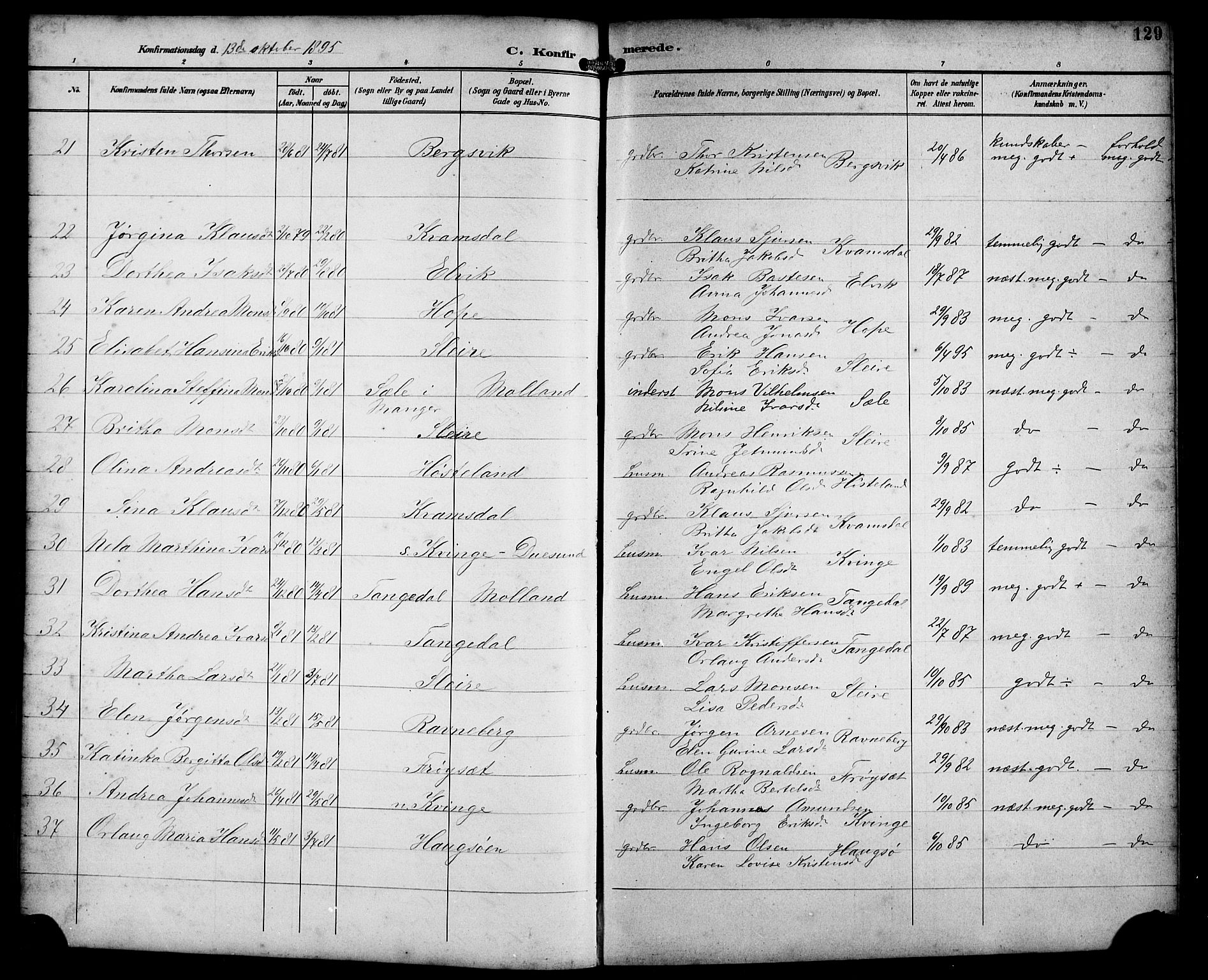 Masfjorden Sokneprestembete, AV/SAB-A-77001: Parish register (copy) no. B 1, 1892-1913, p. 129