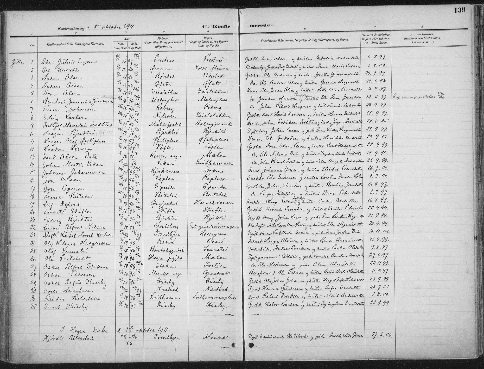 Ministerialprotokoller, klokkerbøker og fødselsregistre - Nord-Trøndelag, SAT/A-1458/709/L0082: Parish register (official) no. 709A22, 1896-1916, p. 139