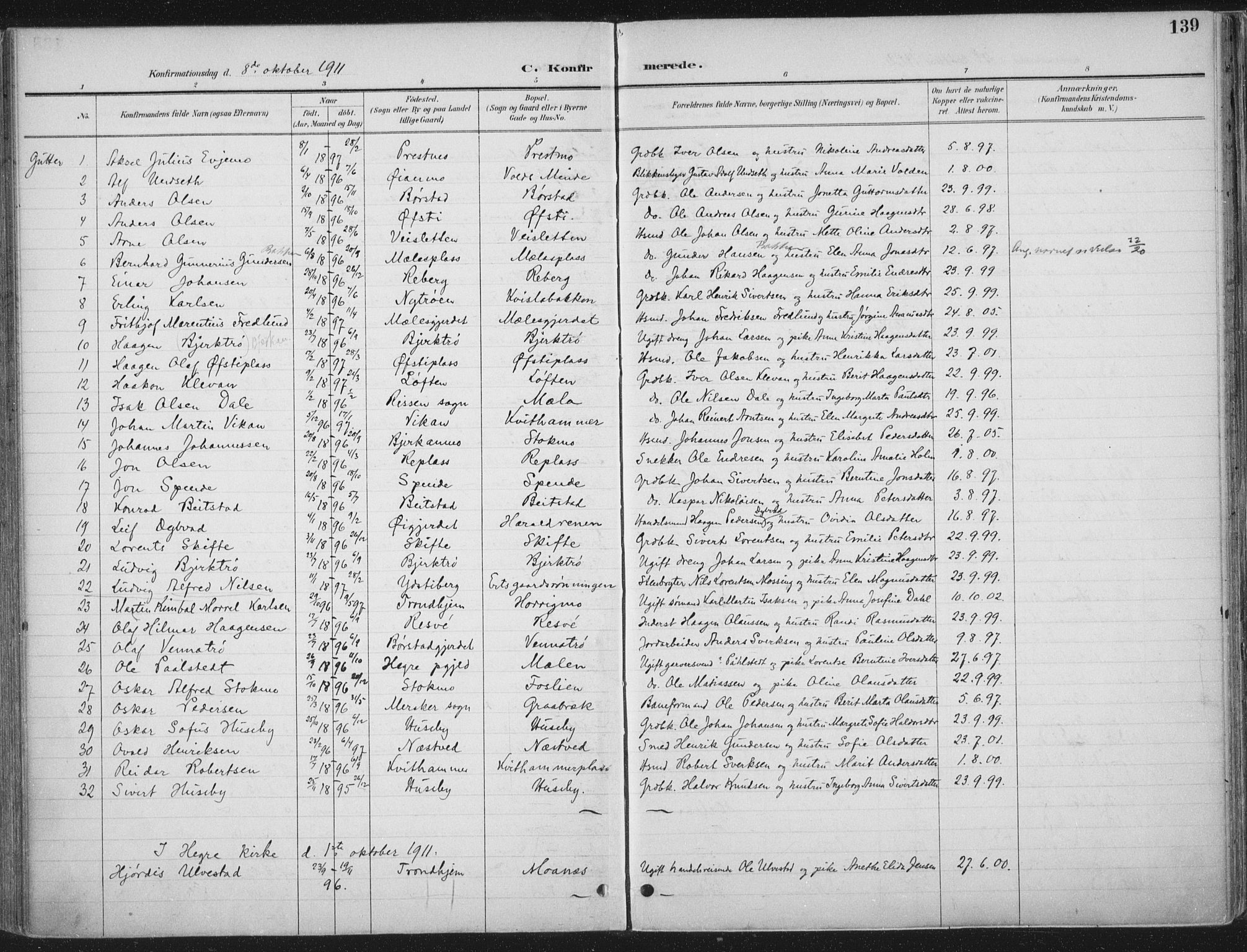 Ministerialprotokoller, klokkerbøker og fødselsregistre - Nord-Trøndelag, AV/SAT-A-1458/709/L0082: Parish register (official) no. 709A22, 1896-1916, p. 139