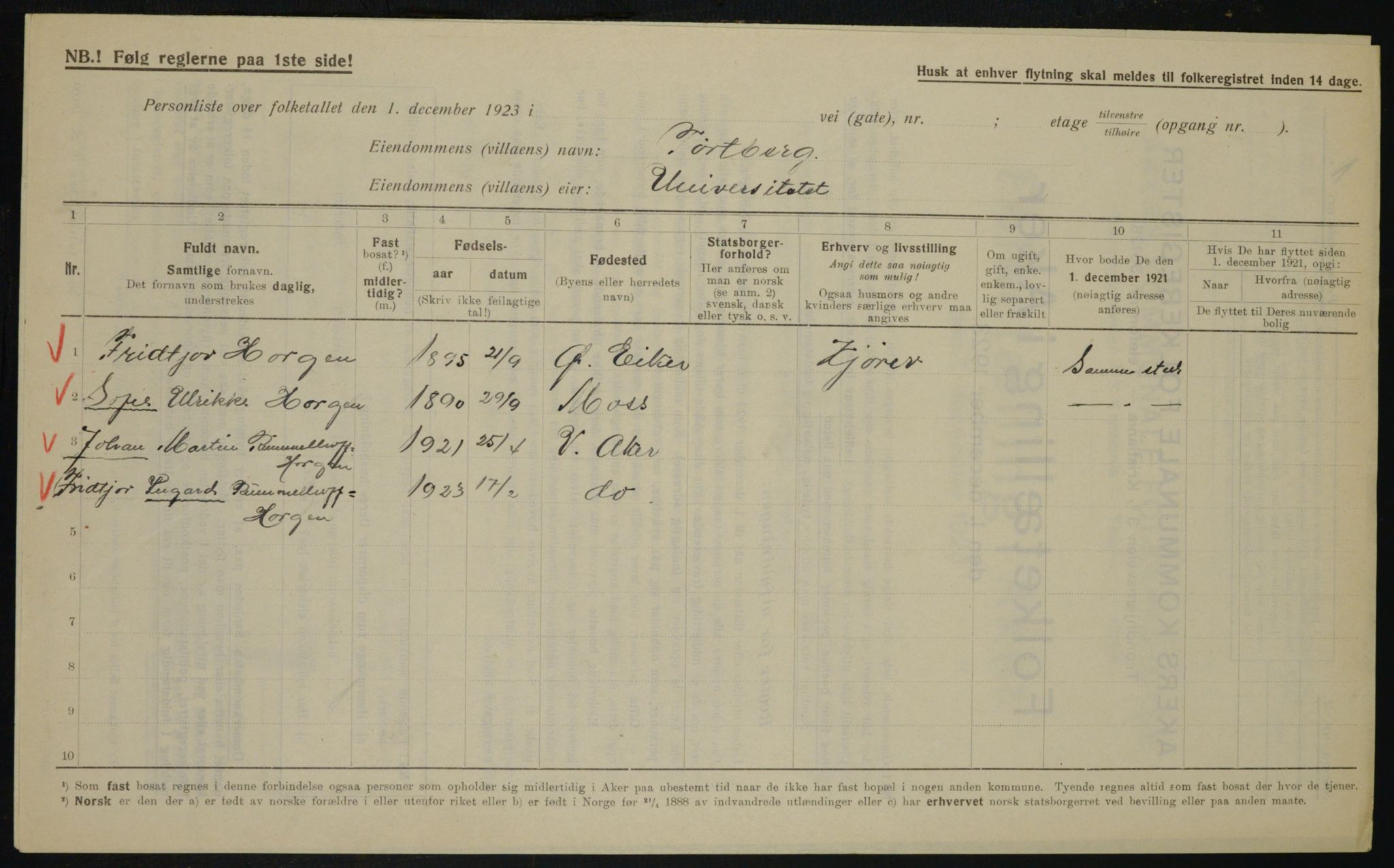 , Municipal Census 1923 for Aker, 1923, p. 22165