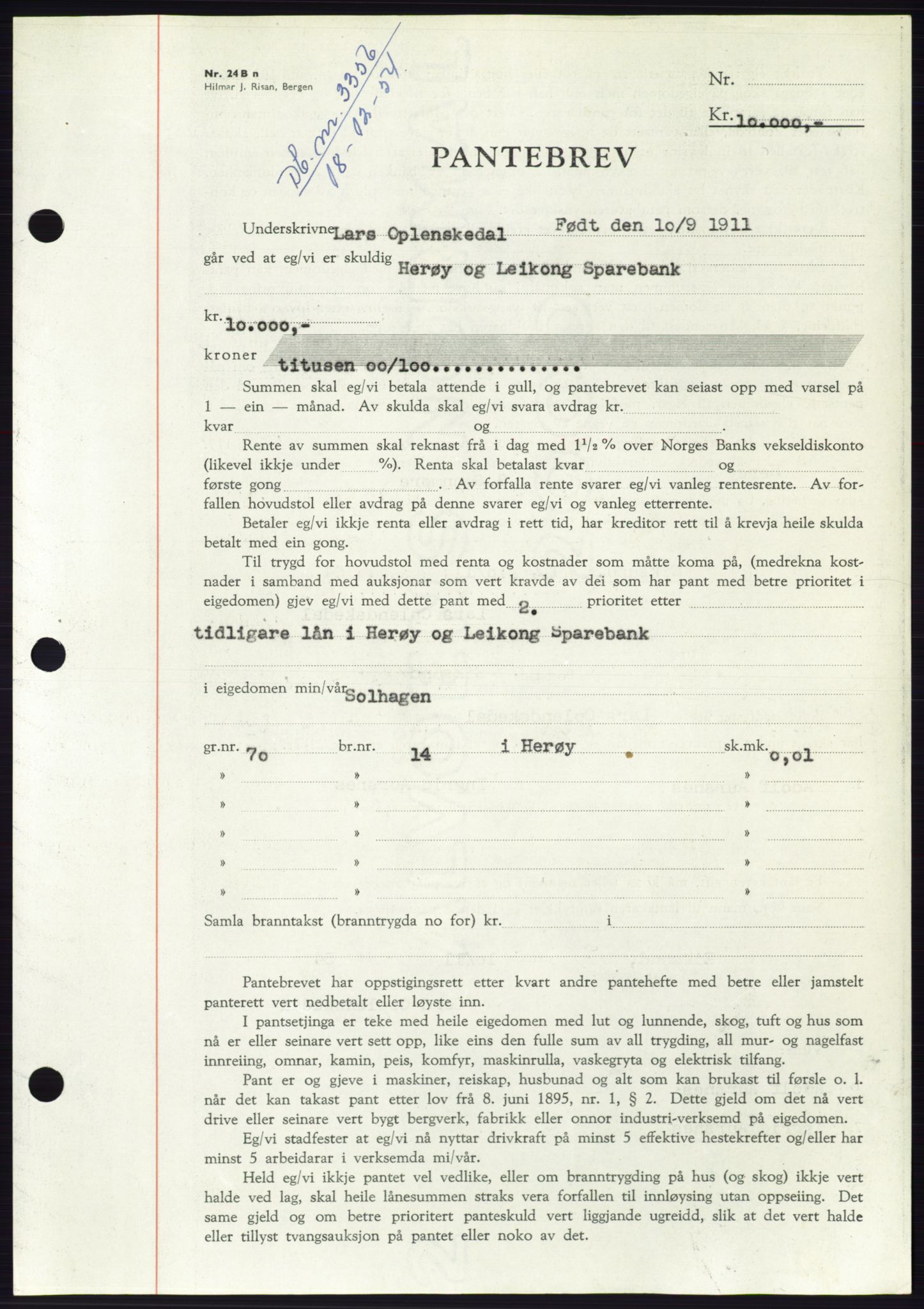 Søre Sunnmøre sorenskriveri, AV/SAT-A-4122/1/2/2C/L0126: Mortgage book no. 14B, 1954-1955, Diary no: : 3356/1954