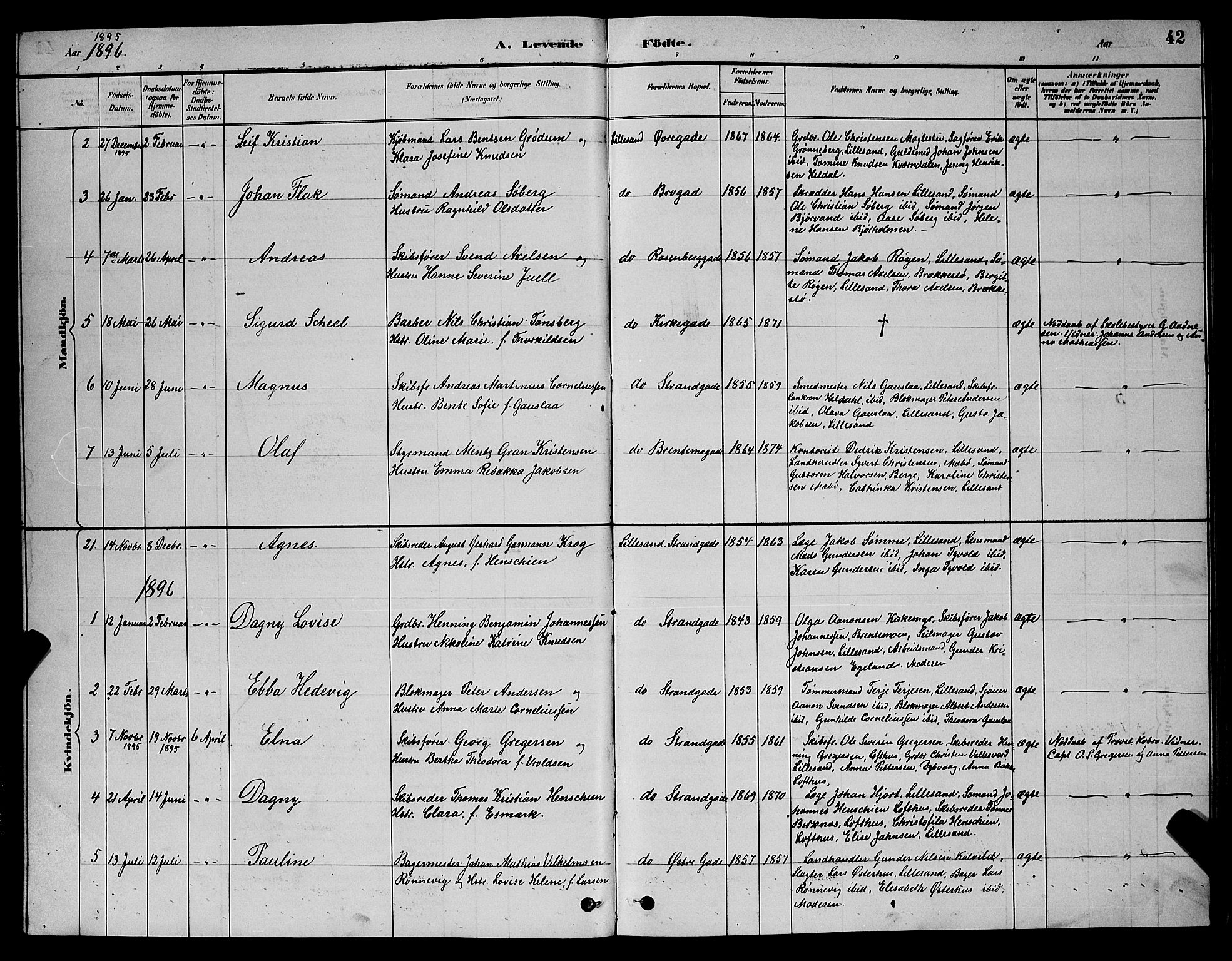 Vestre Moland sokneprestkontor, AV/SAK-1111-0046/F/Fb/Fba/L0001: Parish register (copy) no. B 1, 1884-1903, p. 42