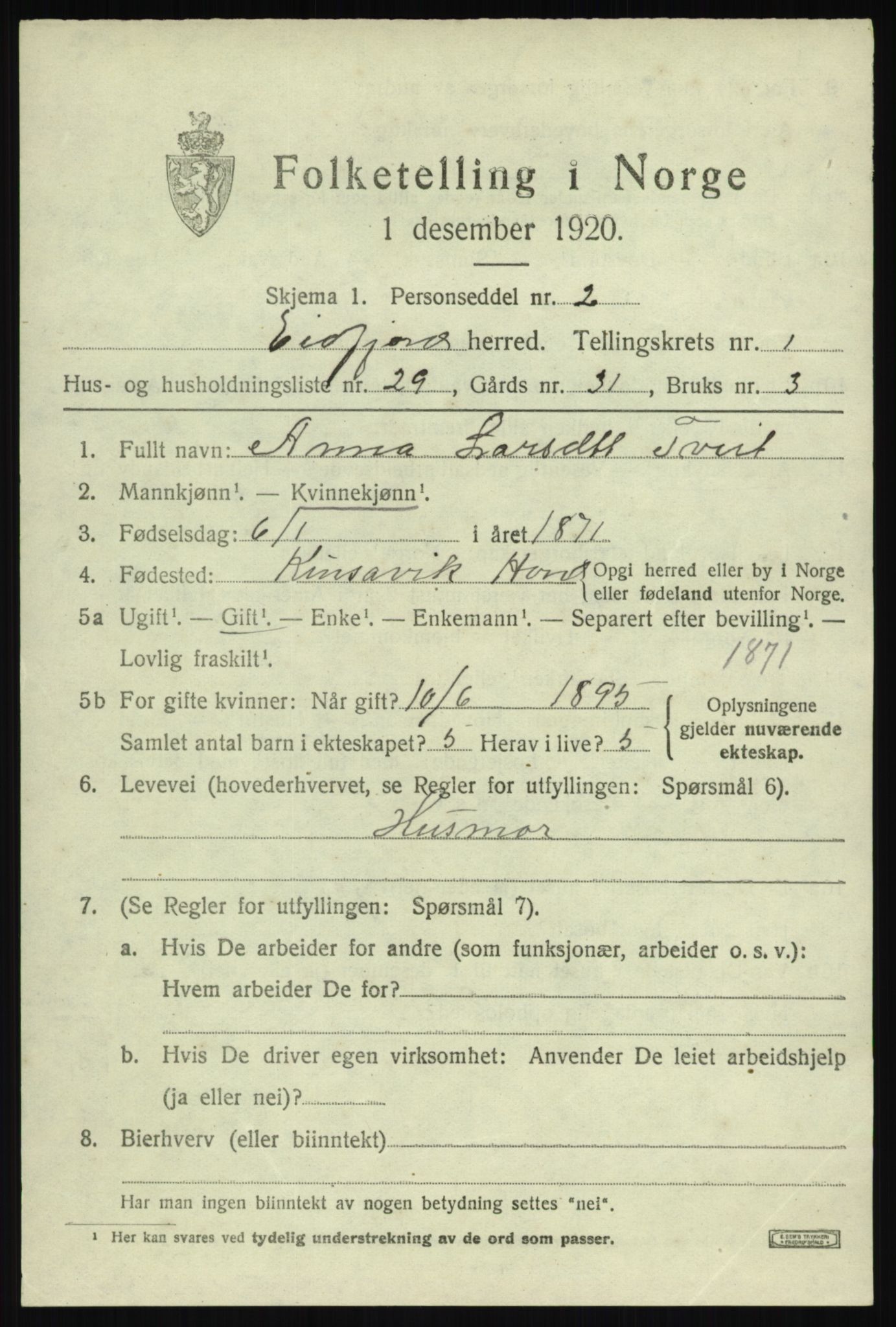 SAB, 1920 census for Eidfjord, 1920, p. 732