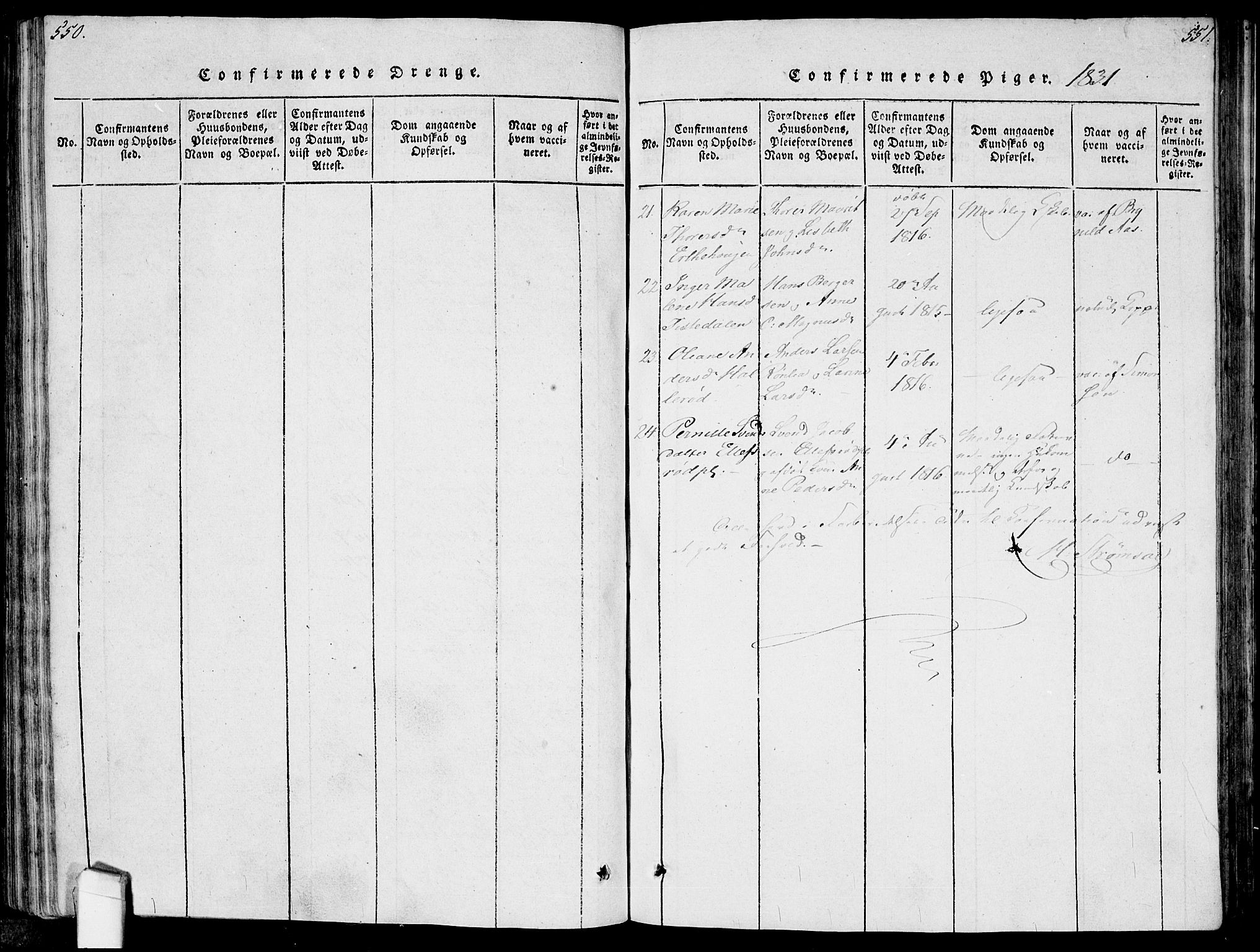 Idd prestekontor Kirkebøker, AV/SAO-A-10911/F/Fc/L0002: Parish register (official) no. III 2, 1815-1831, p. 550-551