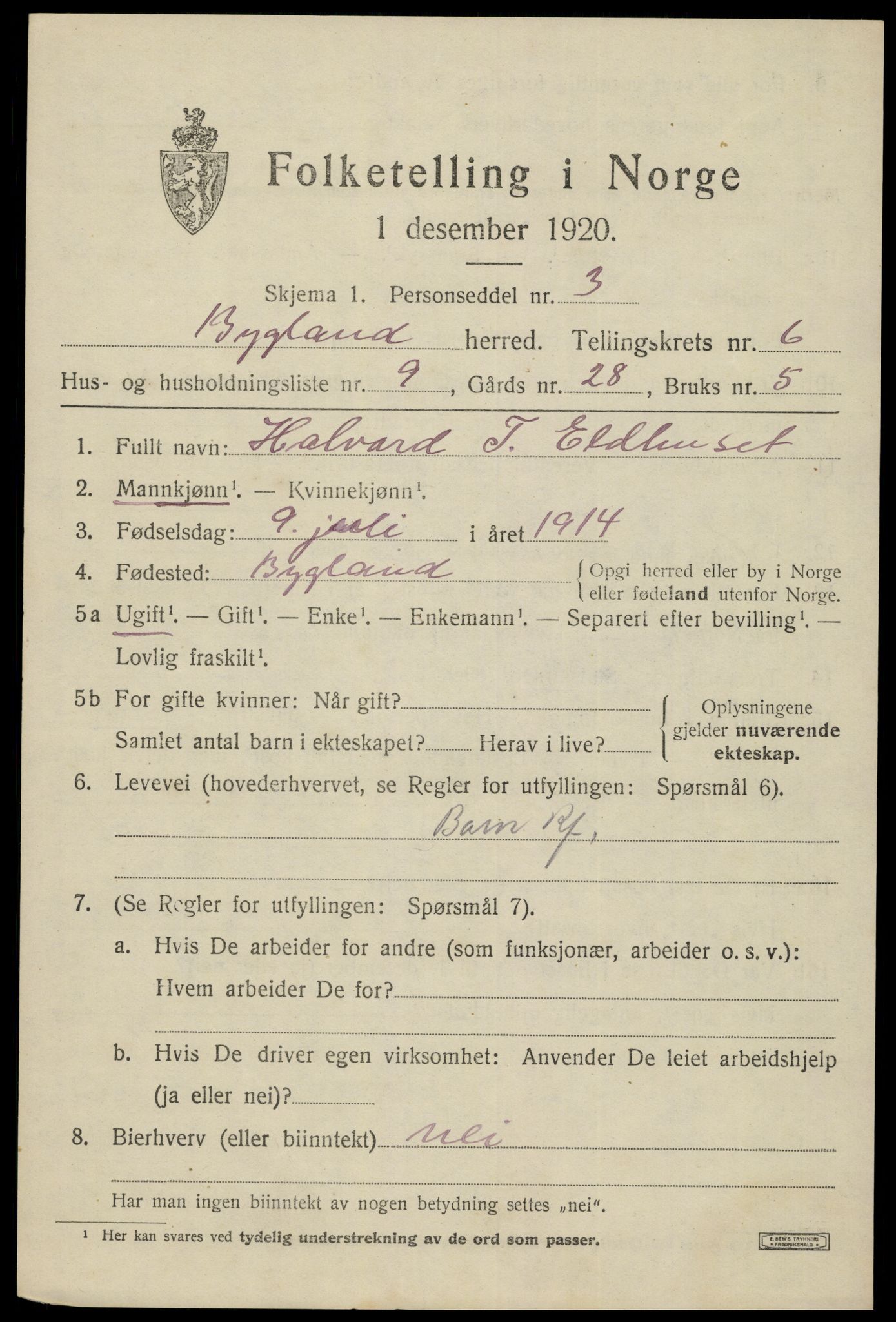 SAK, 1920 census for Bygland, 1920, p. 2229