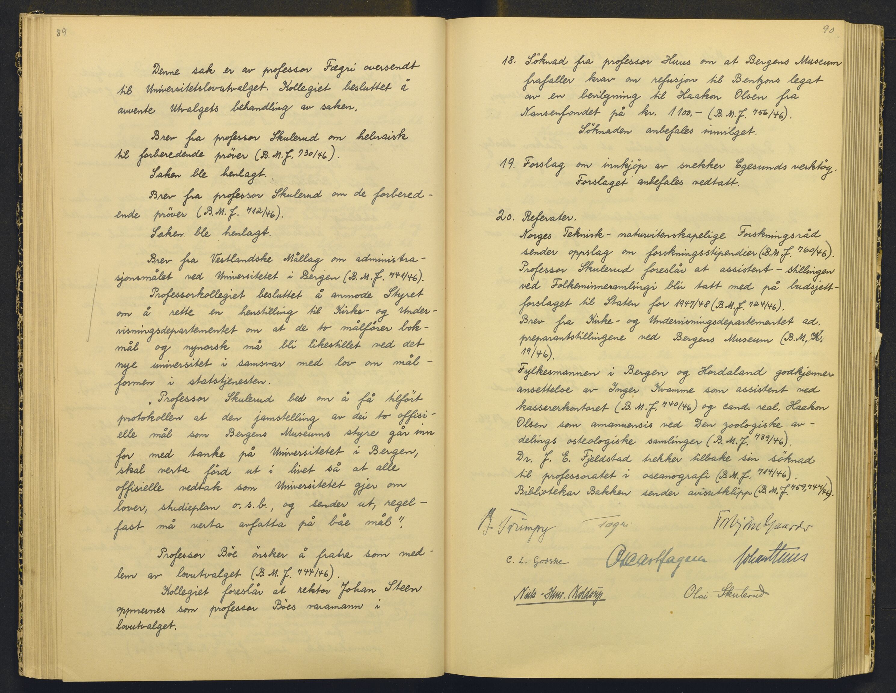 Bergens Museum, AV/SAB-A-17301/18/A/L0004: Professorkollegiets møtebok med register , 1945-1949, p. 89-90