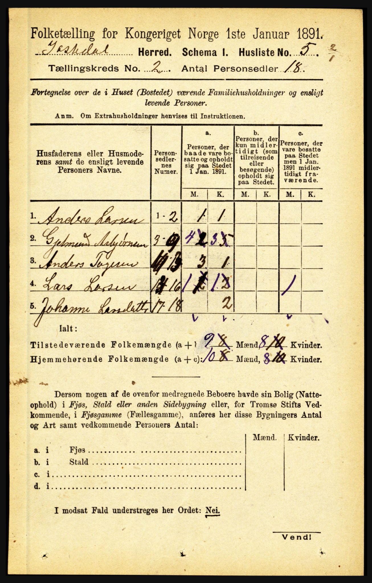 RA, 1891 census for 1427 Jostedal, 1891, p. 456