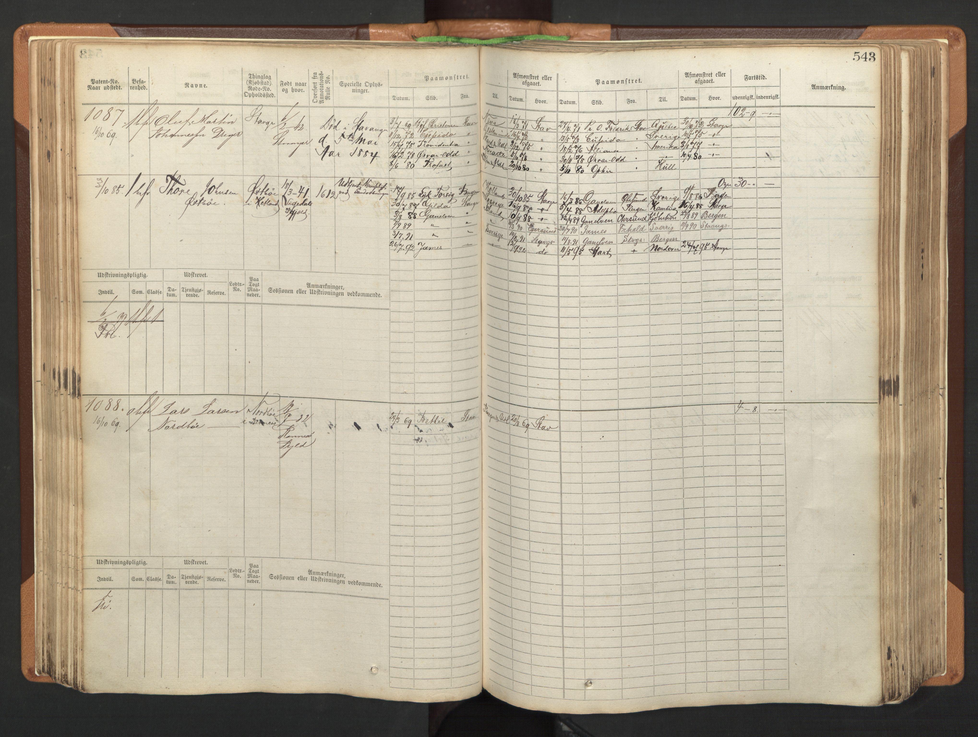 Stavanger sjømannskontor, AV/SAST-A-102006/F/Fb/Fbb/L0005: Sjøfartshovedrulle, patentnr. 793-1606 (del 2), 1869-1880, p. 153