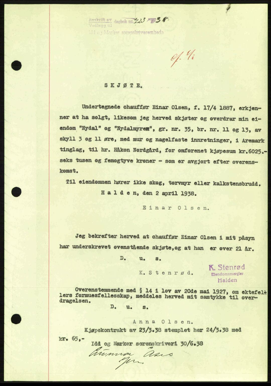 Idd og Marker sorenskriveri, AV/SAO-A-10283/G/Gb/Gbb/L0002: Mortgage book no. A2, 1937-1938, Diary no: : 723/1938