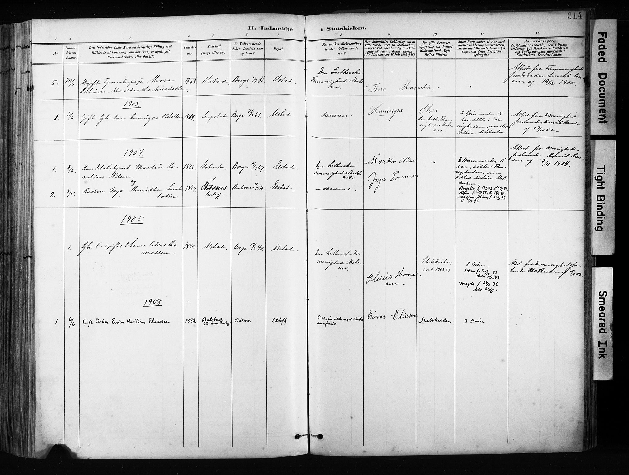 Ministerialprotokoller, klokkerbøker og fødselsregistre - Nordland, AV/SAT-A-1459/880/L1134: Parish register (official) no. 880A08, 1899-1908, p. 314