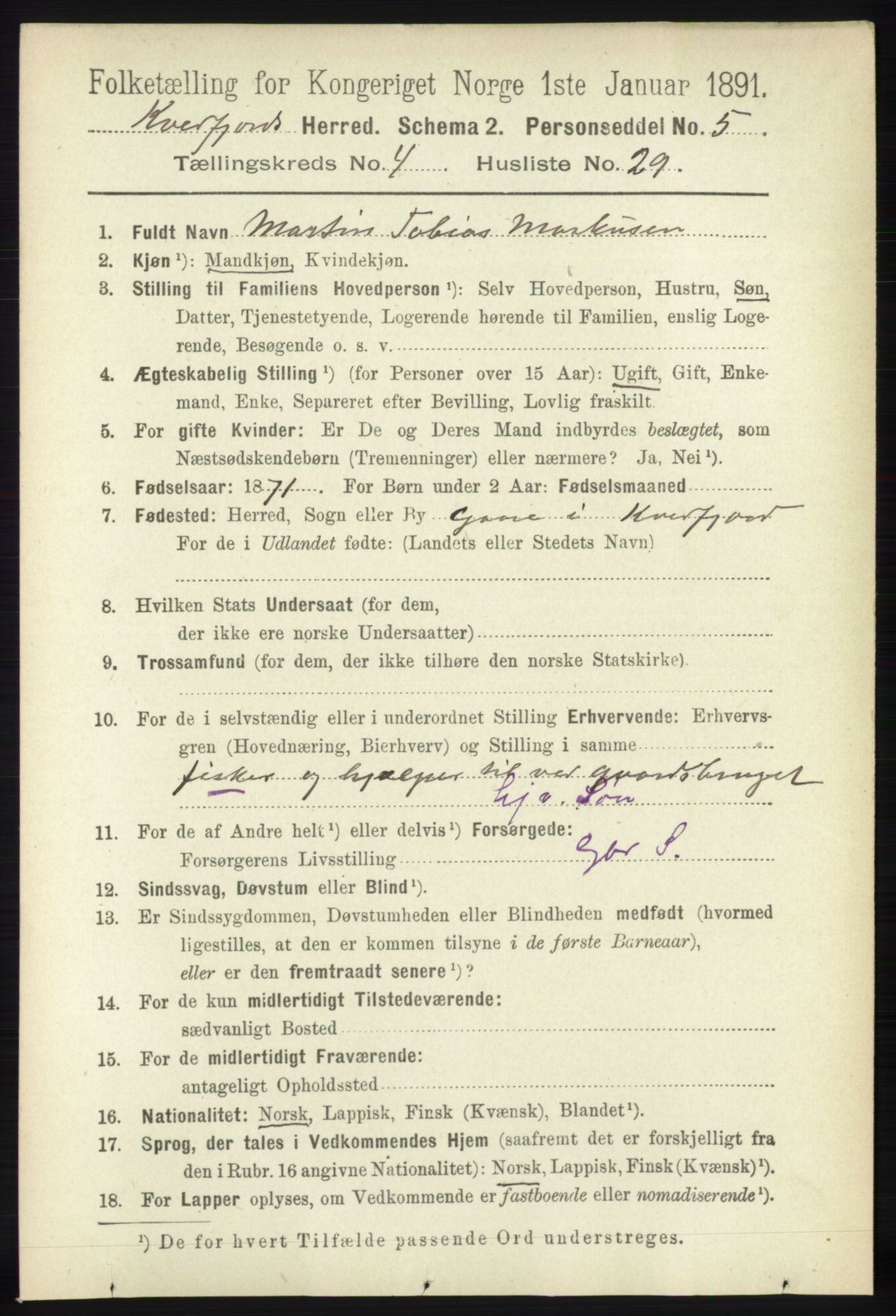 RA, 1891 census for 1911 Kvæfjord, 1891, p. 2078